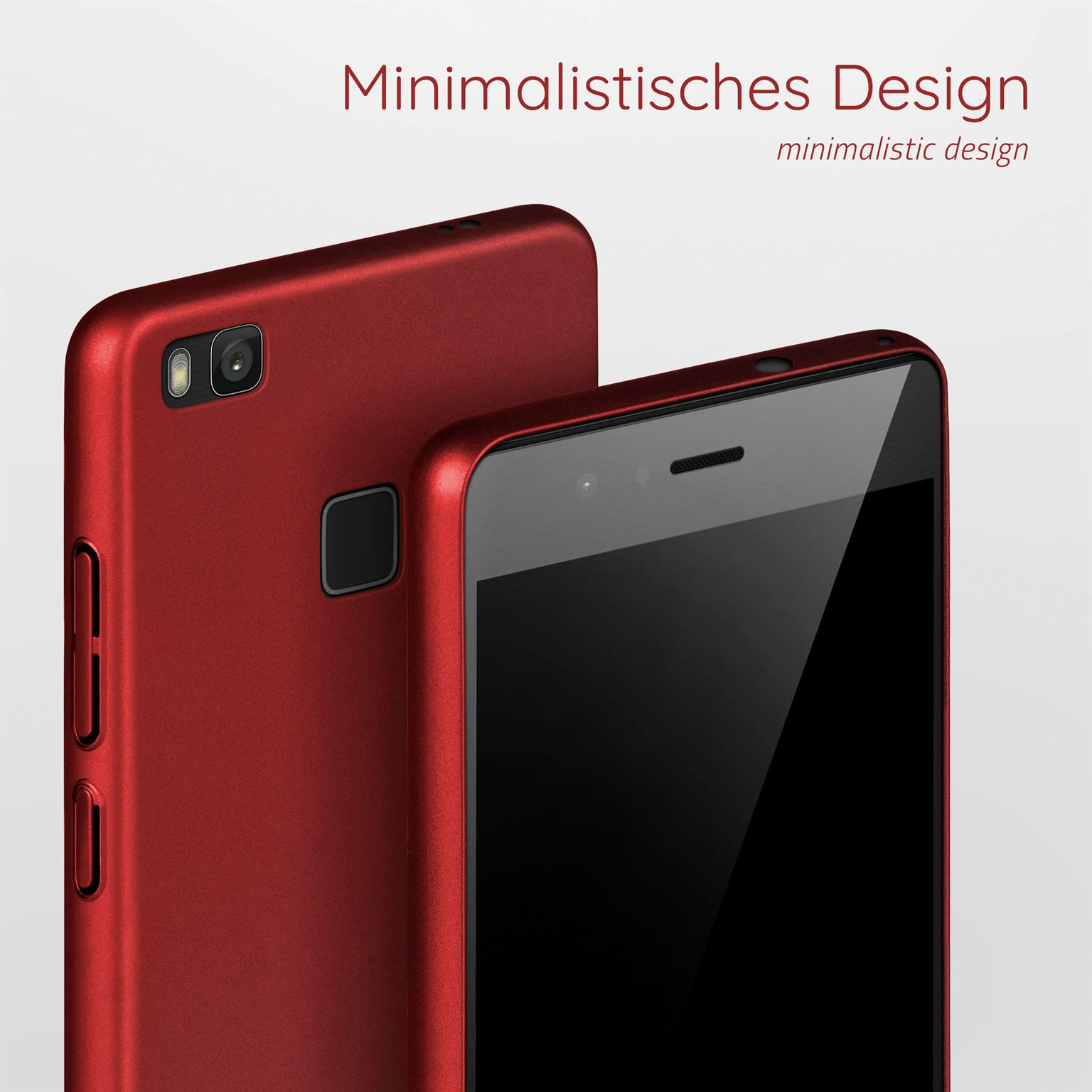 Zwei rote Smartphones, eins zeigt einen Bildschirm. Text: Minimalistisches Design.