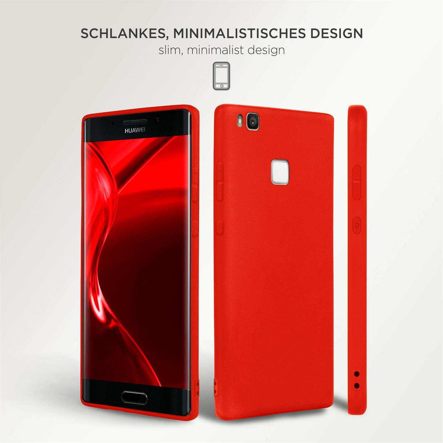 Rote Handyhülle und Telefon. Das Telefon ist rot. Text zeigt das Design des Produkts.