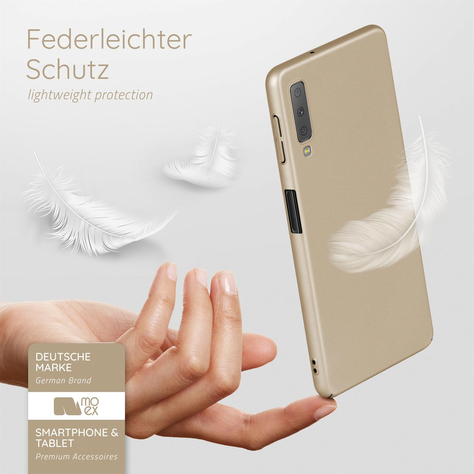 Eine Handyhülle mit Federn. Die Hülle ist goldfarben. Federleichter Schutz.