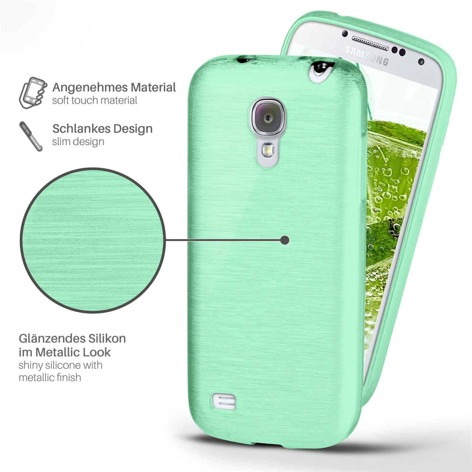 Eine mintgrüne Handyhülle auf einem Samsung-Telefon. Die Hülle hat ein metallisches Finish. Text beschreibt die Eigenschaften.