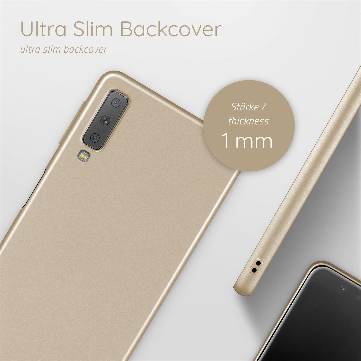 Goldenes Telefon und Hülle, ultra-dünne Rückseite. Text: Ultra-dünne Rückseite, Dicke 1 mm. Nahaufnahme Telefon.