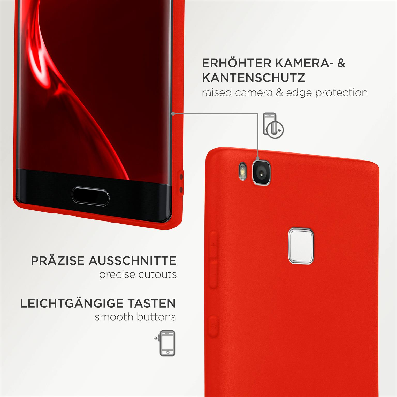 Eine rote Handyhülle, die eine Nahaufnahme eines Telefons zeigt. Details: Kamera, Knöpfe und präzise Aussparungen.