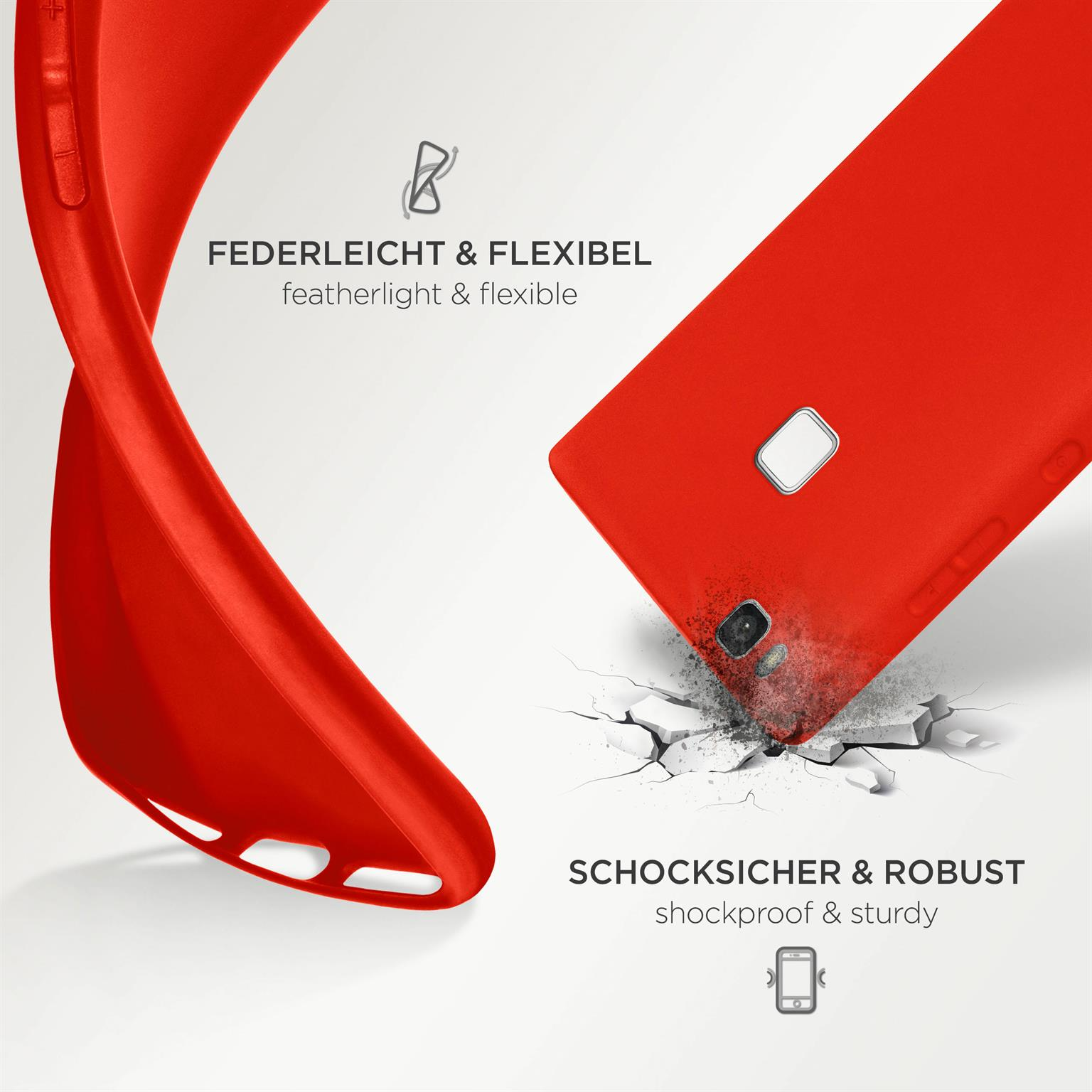Rote Handyhülle, flexibel, stoßfest. Telefon in der Hülle. Weißer Hintergrund.
