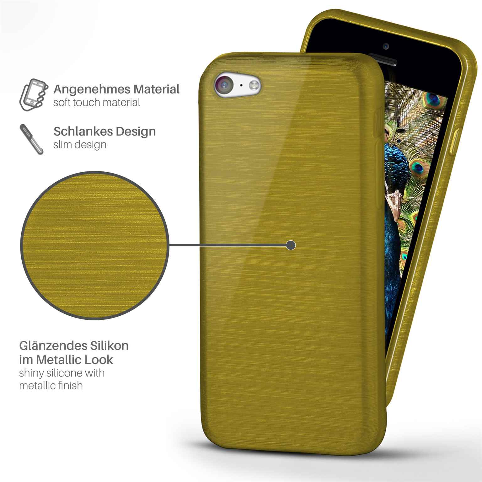 Goldene Handyhülle mit Metallic-Finish. Ein Telefon mit Pfauenfedern ist innen. Text beschreibt Eigenschaften.