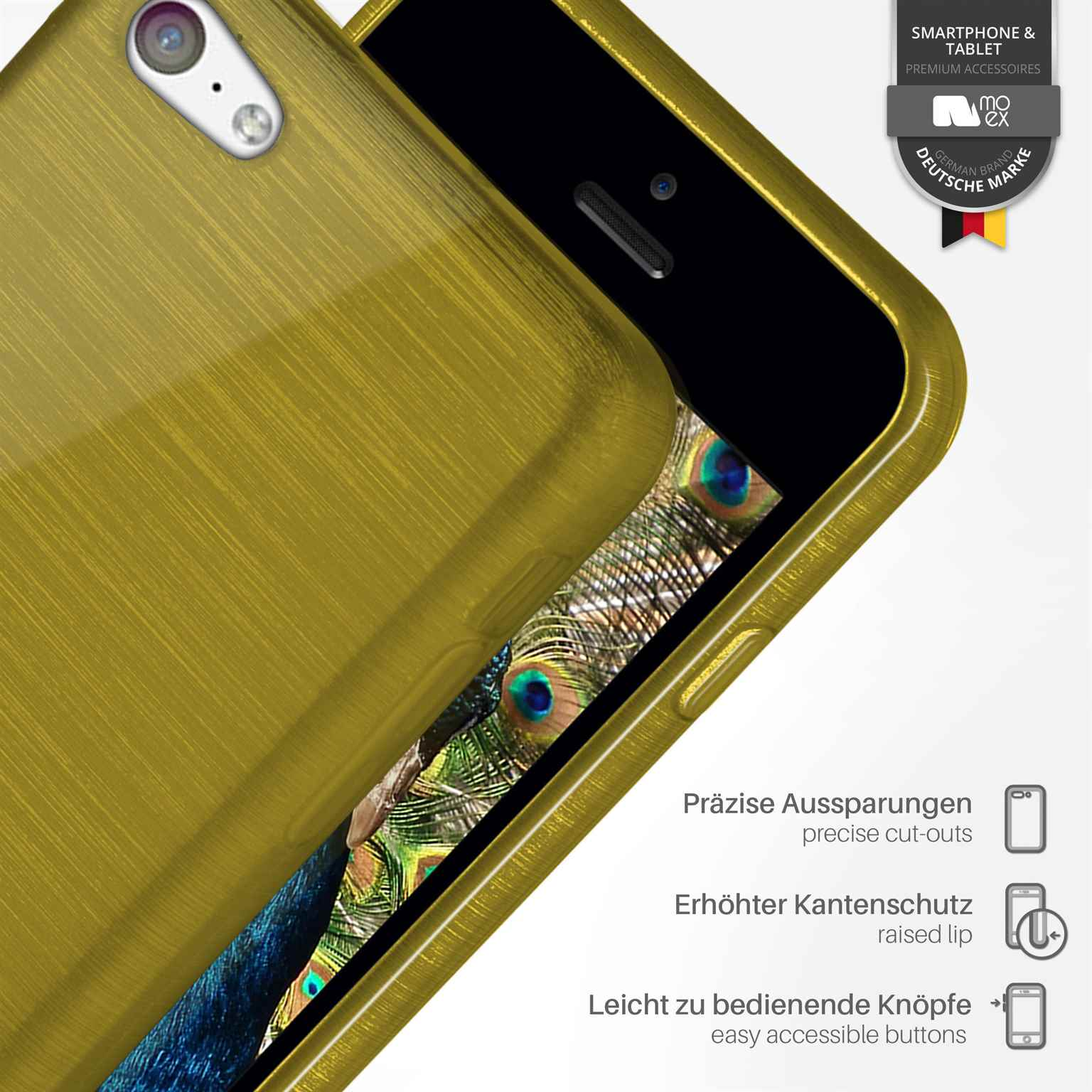 Goldene Handyhülle auf dem Telefon. Pfauenfedermuster innen sichtbar.