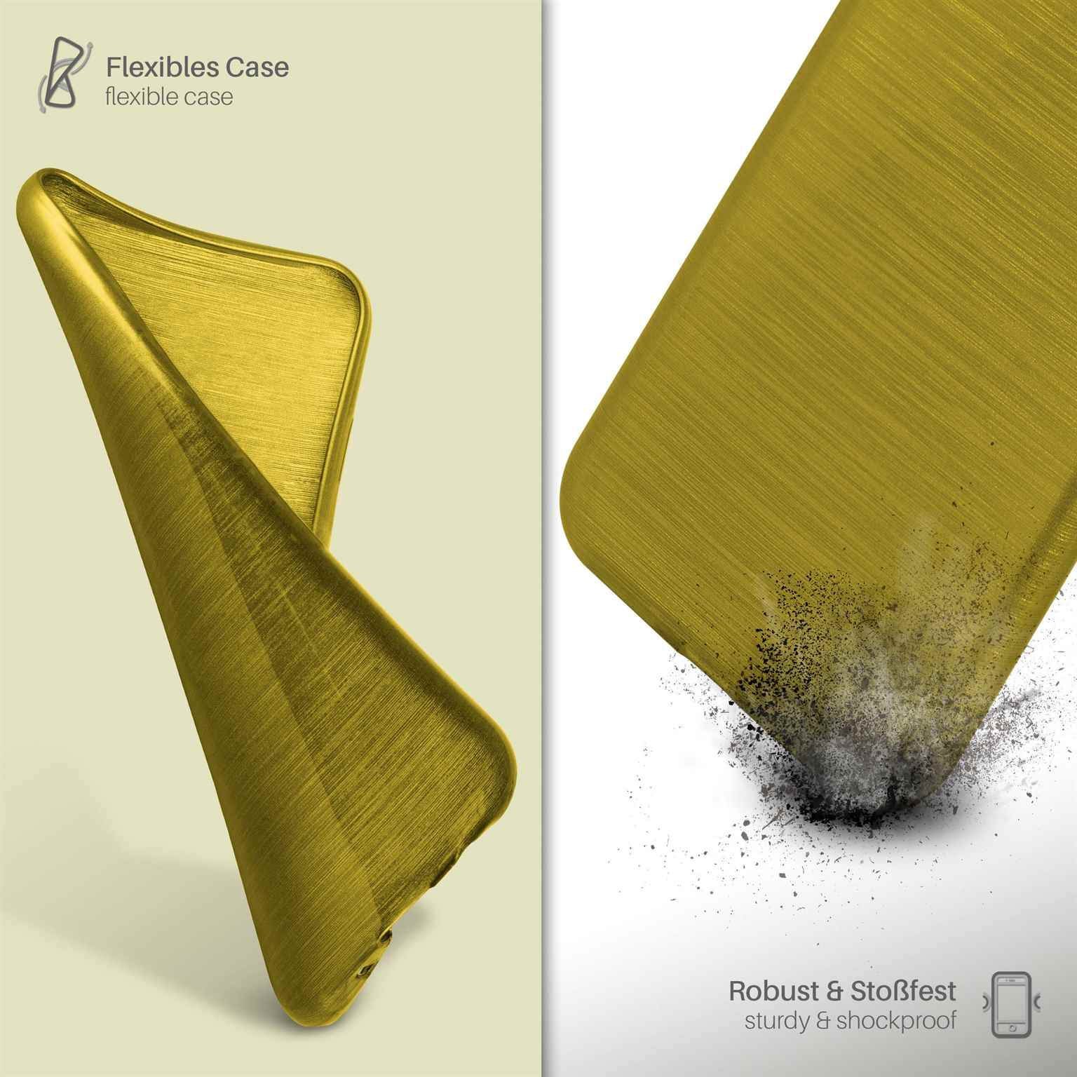 Goldene Handyhülle mit rauer Textur, mit weißem Hintergrund.