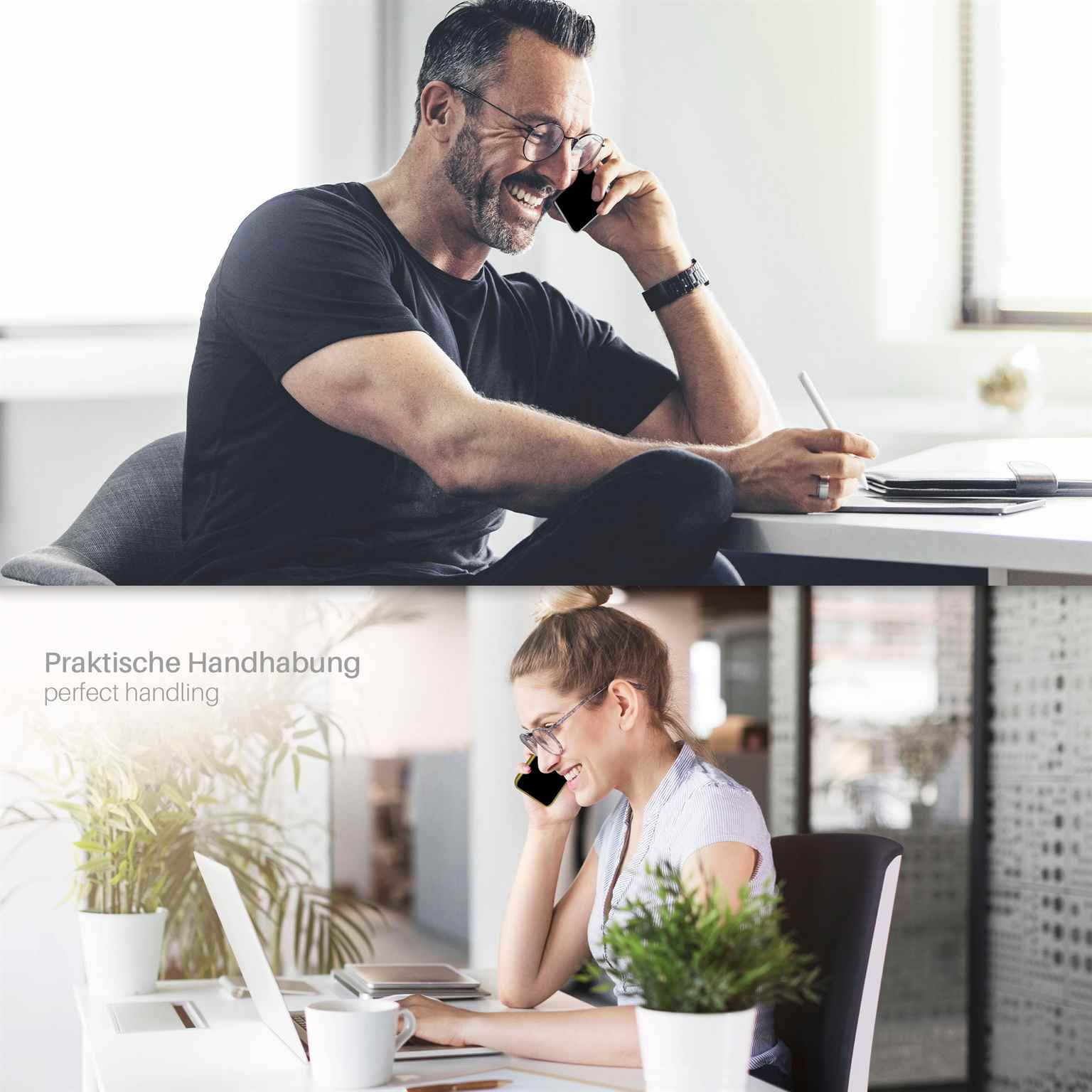 Ein Mann und eine Frau benutzen ihre Telefone, beide in einem professionellen Kontext, beide lächeln.