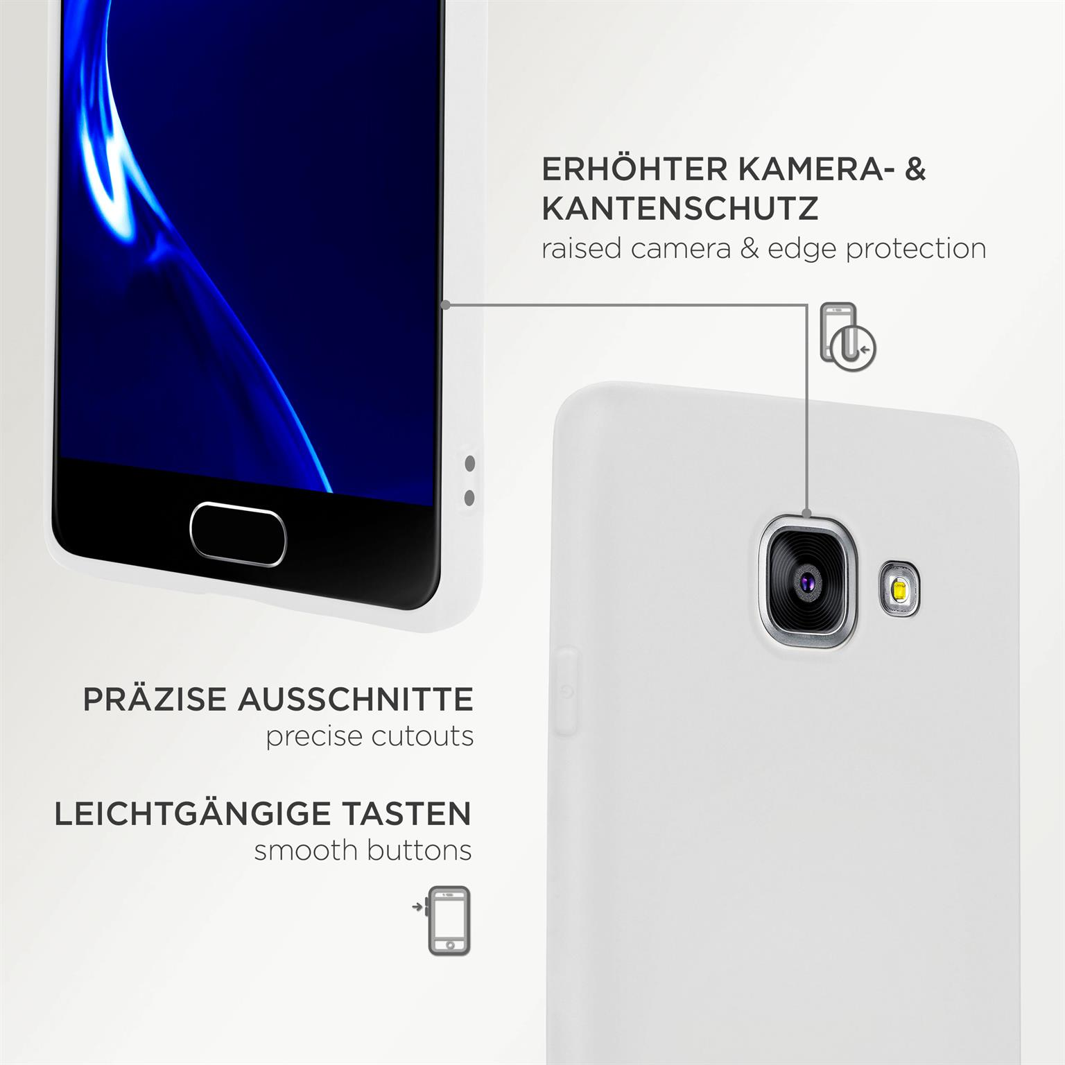 Weiße Handyhülle mit präzisen Aussparungen. Kamera und Tasten sind sichtbar.