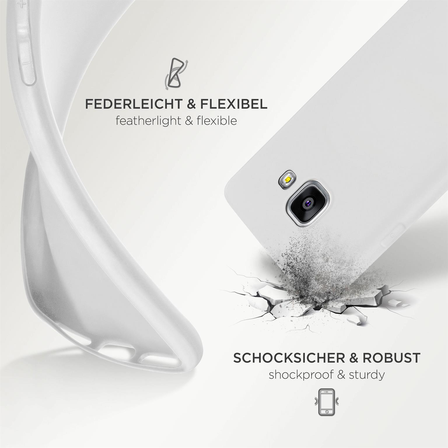 Weißes Handycase wird gebogen. Das Telefon ist auf weißem Grund kaputt.