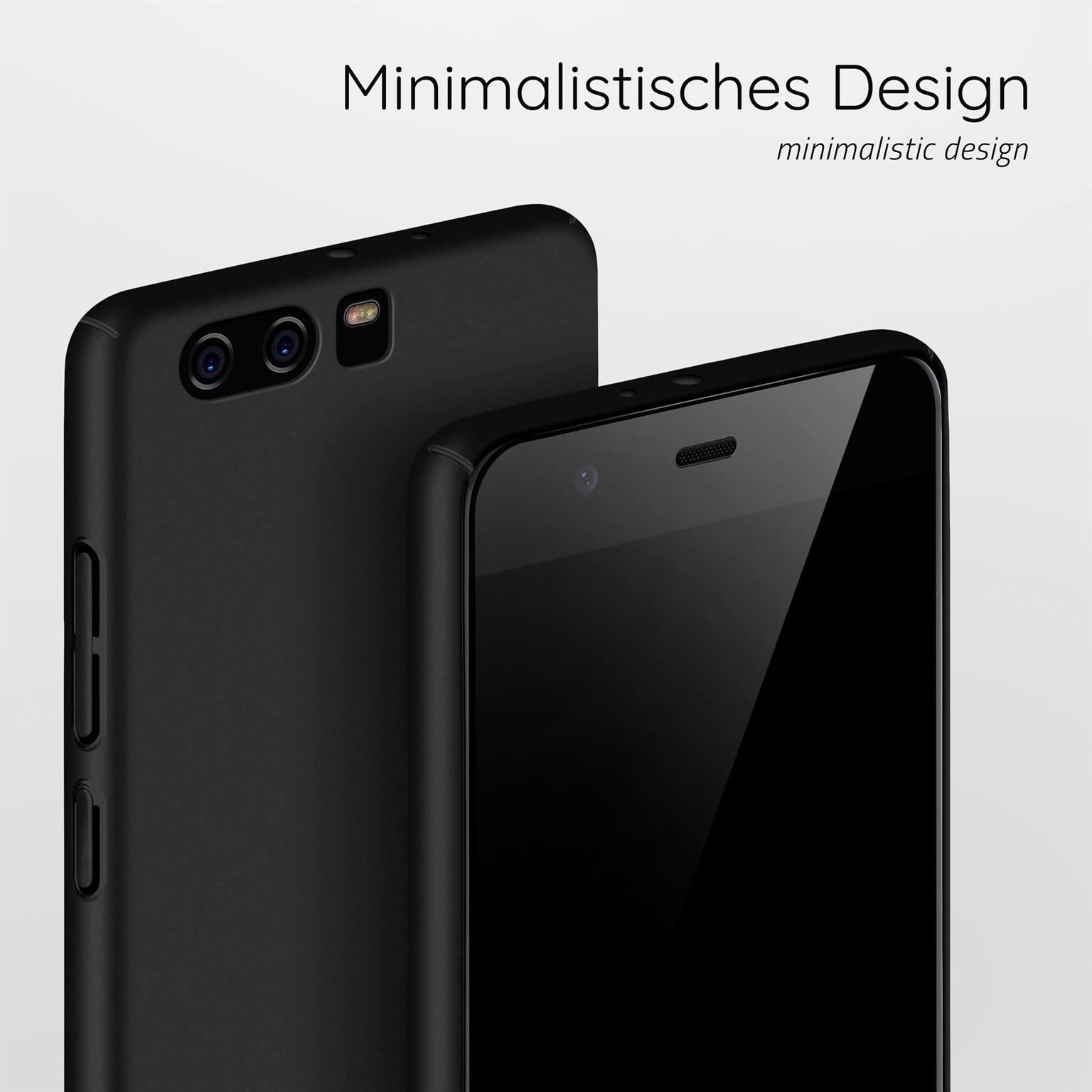 Zwei schwarze Smartphones, eins mit Bildschirm, anderes mit Rückseite, weißer Hintergrund.