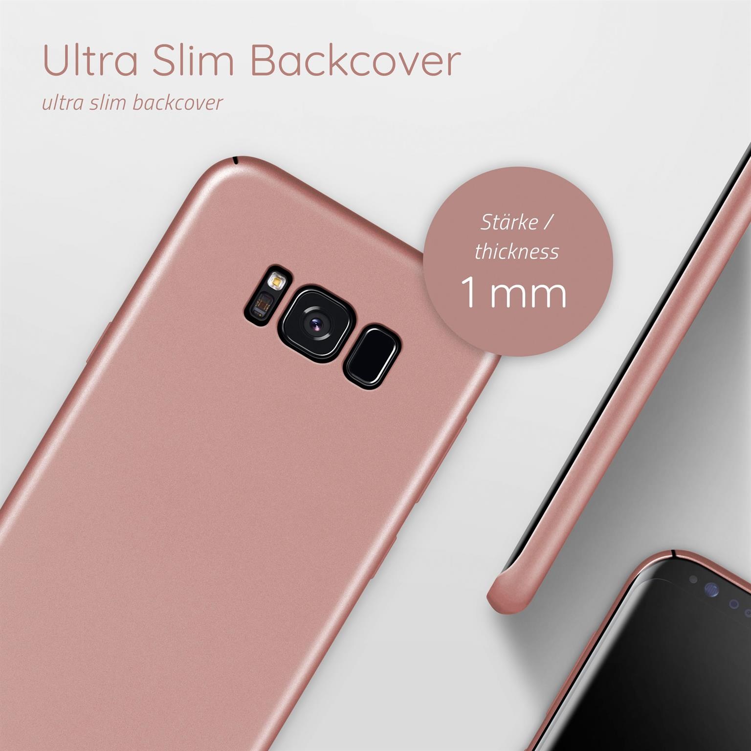 Roségoldene Handy-Rückseite. Die Abdeckung befindet sich auf einer weißen Oberfläche. Die Dicke beträgt 1 mm.