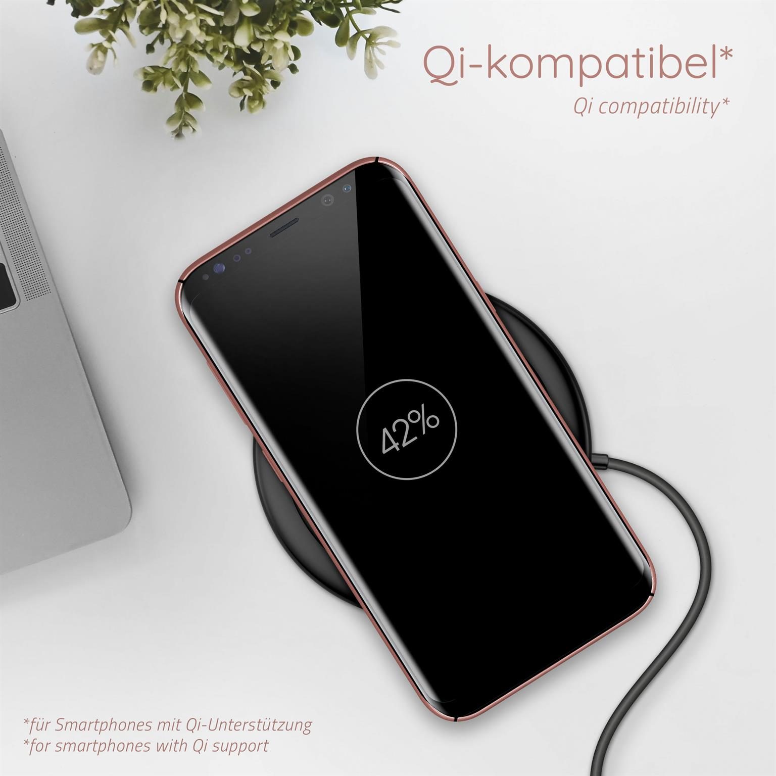 Smartphone auf kabellosem Ladegerät, lädt 42%. Text: Qi-kompatibel.