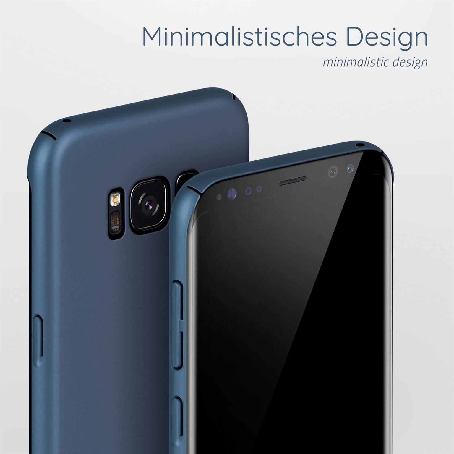 Zwei blaue Handyhüllen, eine zeigt die Vorderseite. Text: Minimalistisches Design.