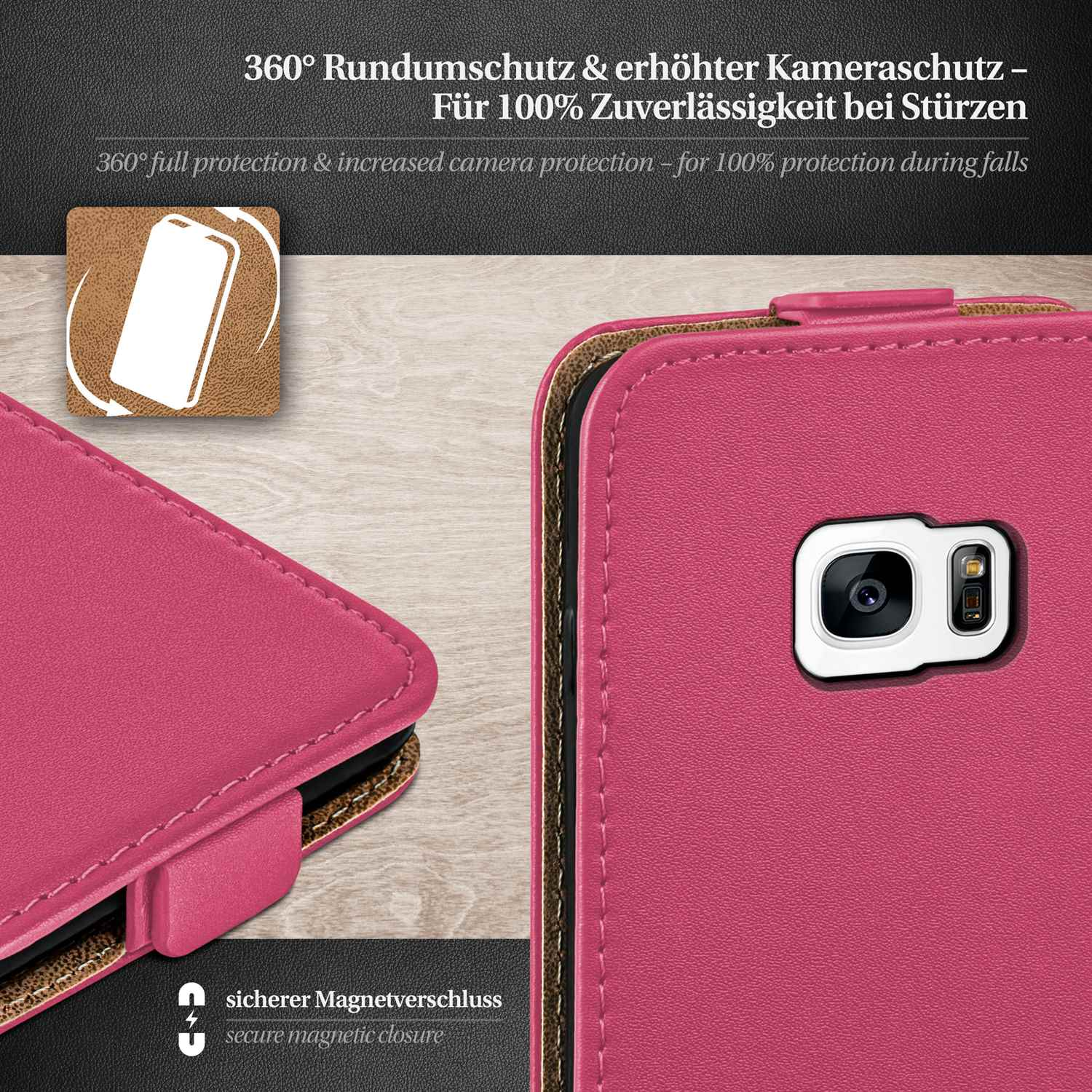 Pinkfarbene Handyhülle mit Telefon, mit Kameraschutz und Magnetverschluss. Hintergrund ist eine Nahaufnahme der Hülle.