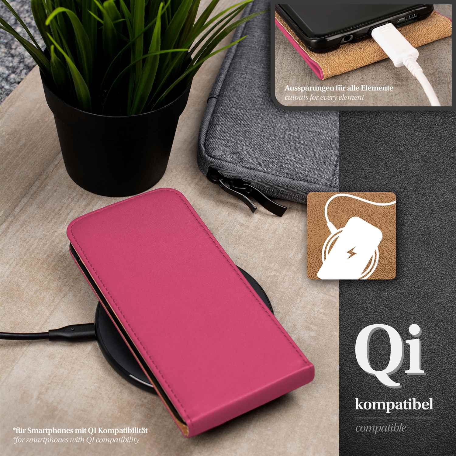Rosafarbene Handyhülle auf Qi-Ladegerät. Text: Qi-kompatibel, Aussparungen für alle Elemente.