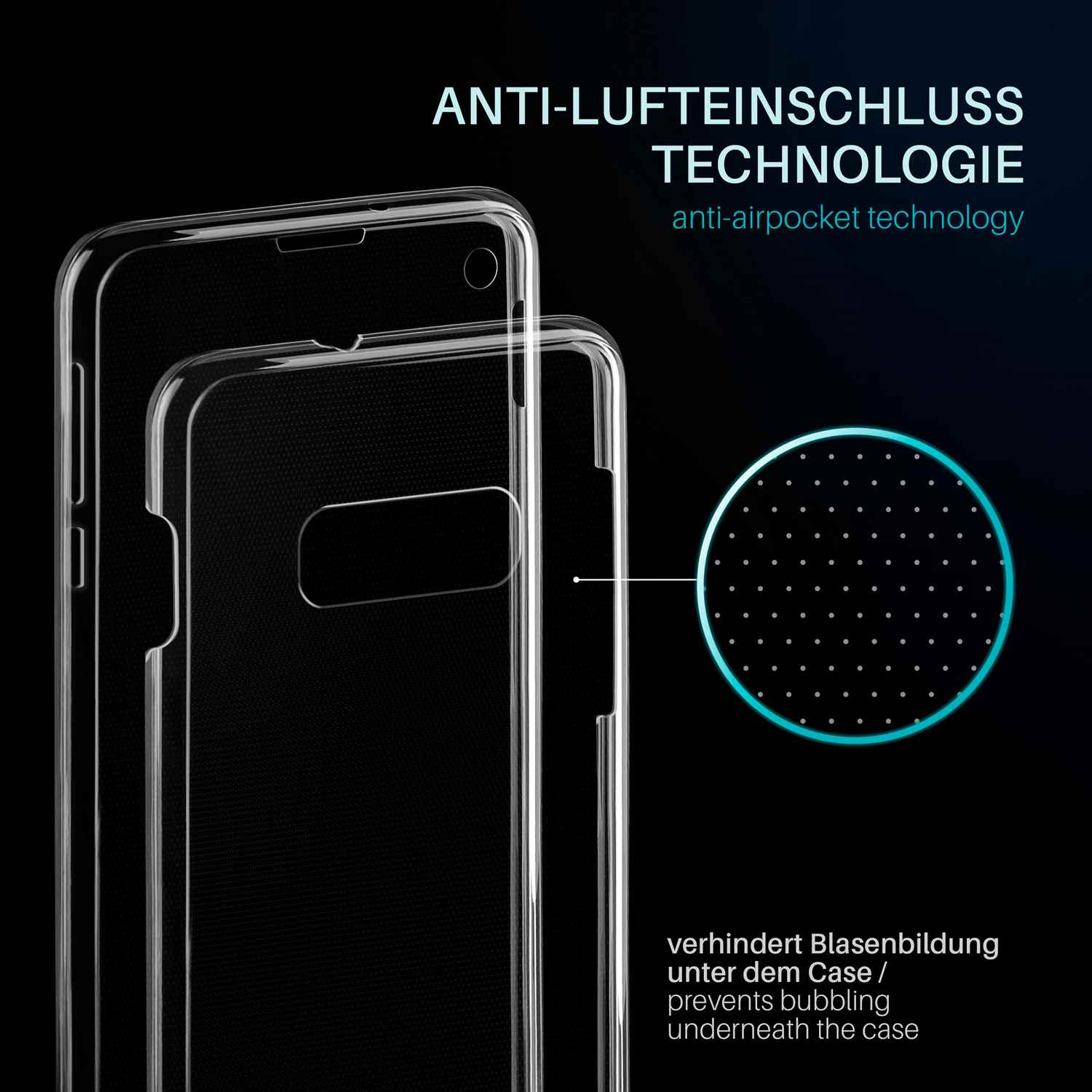 Zwei transparente Handyhüllen. Eine hat ein gepunktetes Muster. Text auf Deutsch.