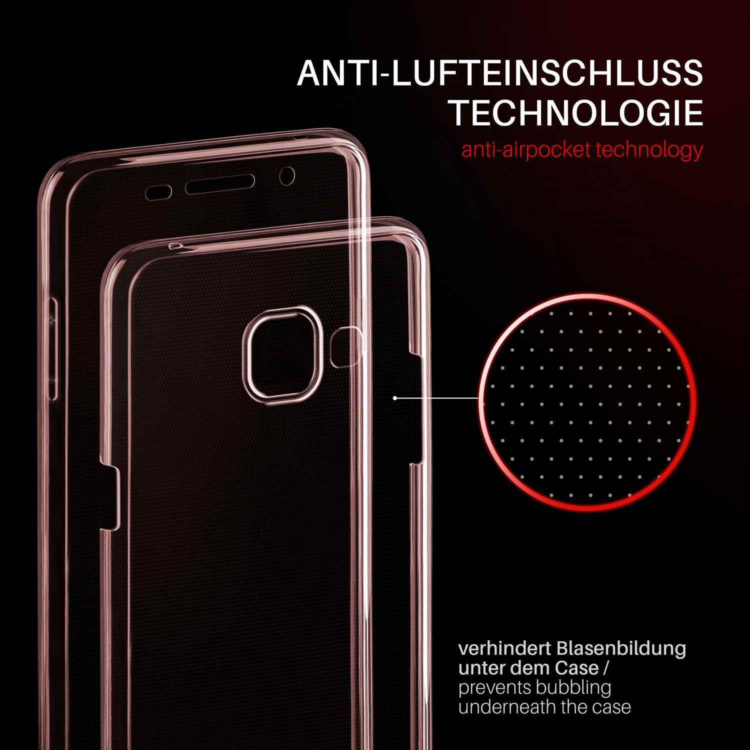 Transparente Handyhülle mit Telefon. Text: Anti-Lufteinschluss Technologie, verhindert Blasenbildung.