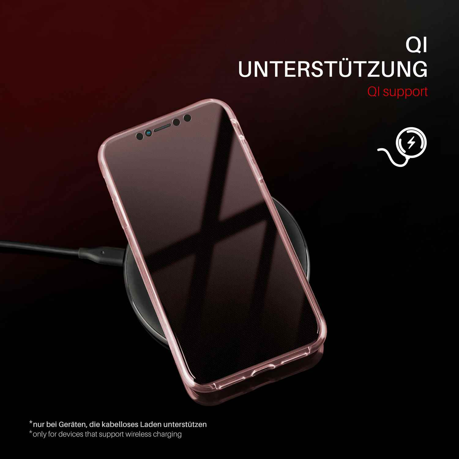 Telefon in rosa Hülle auf kabellosem Ladegerät. Text: 'QI Unterstützung, QI support'.