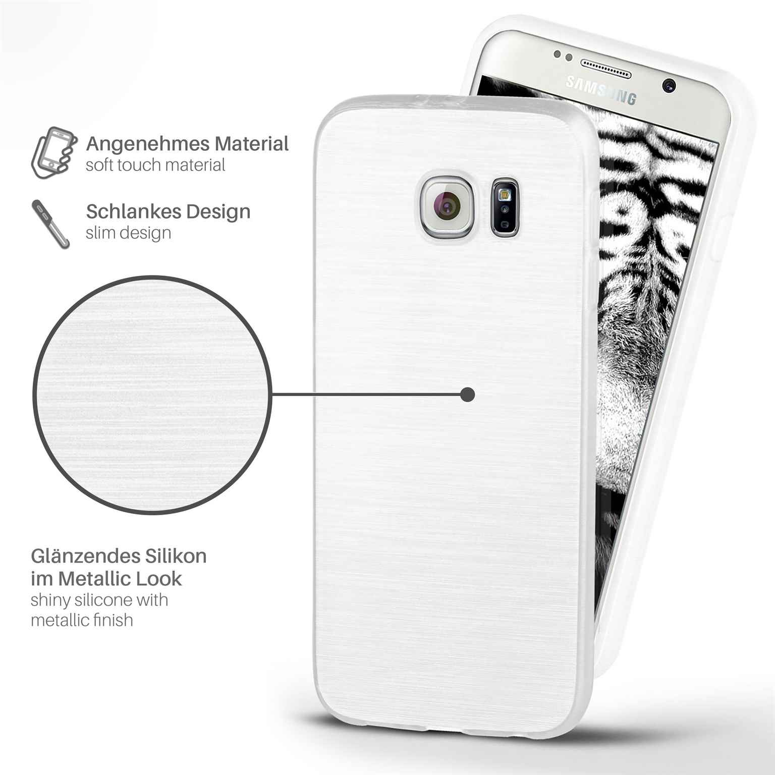 Weiße Handyhülle auf weißem Samsung Telefon. Merkmale: glänzendes Silikon mit Metallic-Finish, schlankes Design.