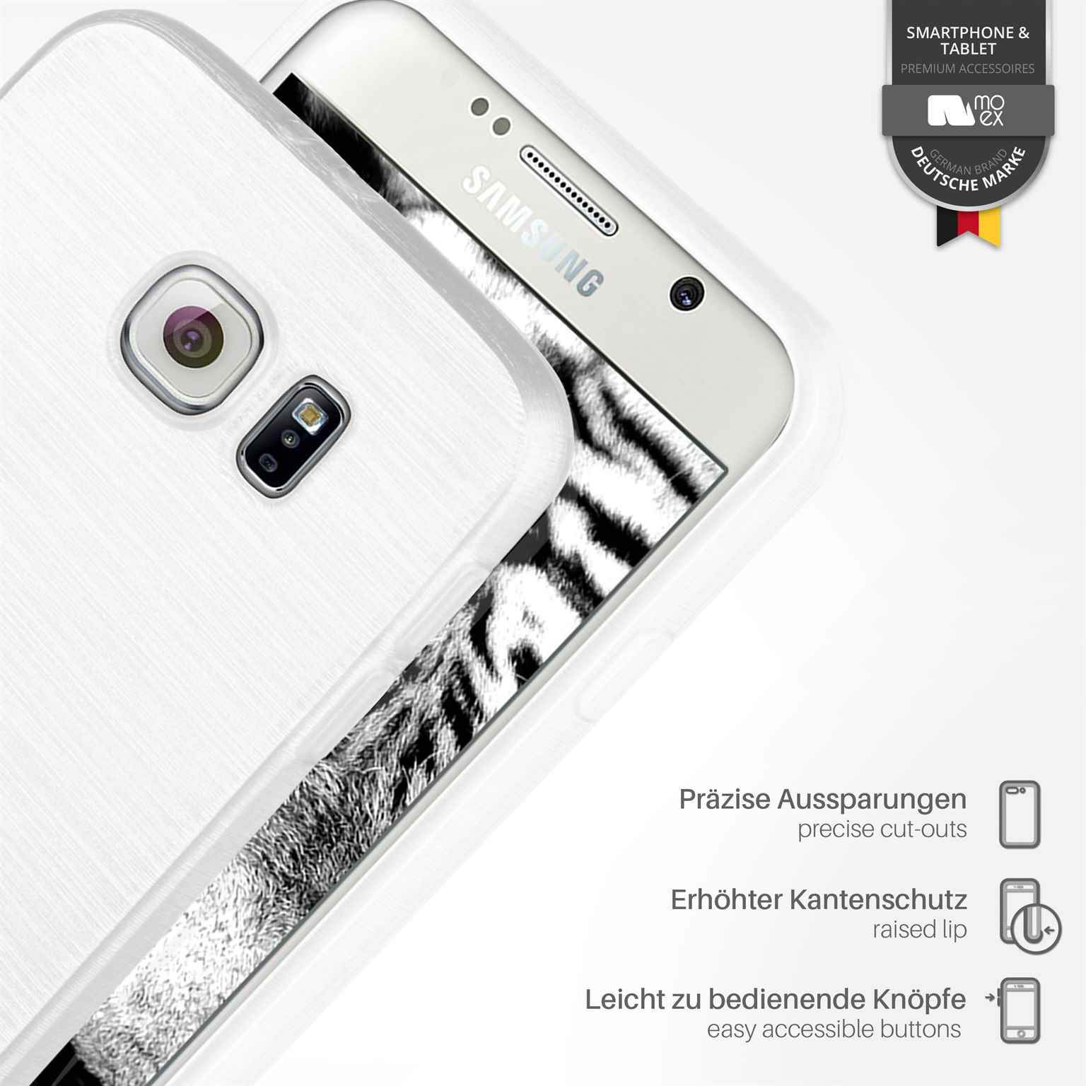 Weiße Handyhülle mit Samsung-Logo. Text: Präzise Aussparungen, erhöhte Kante, einfache Knöpfe.