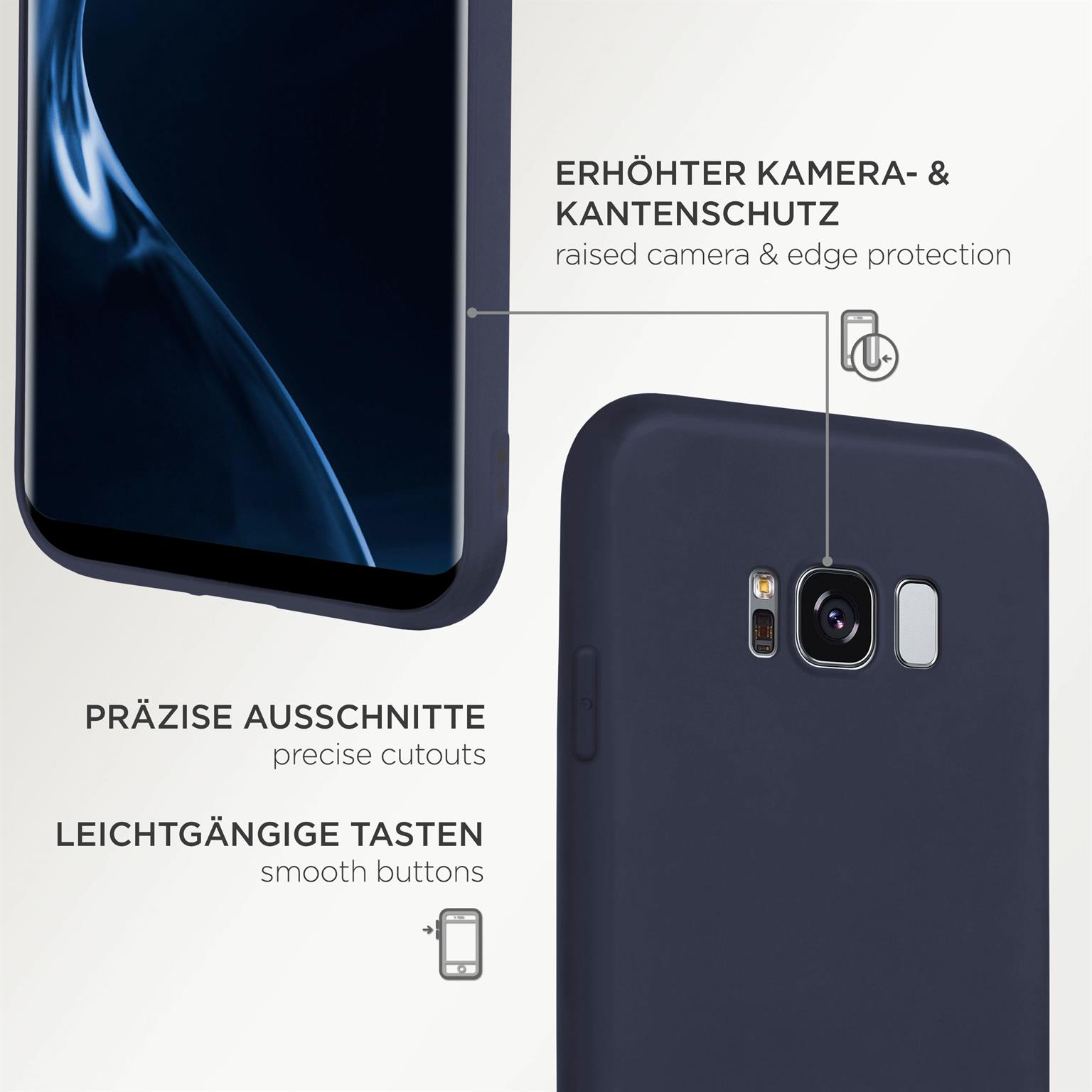Eine marineblaue Handyhülle mit präzisen Aussparungen und glatten Tasten. Der Hintergrund ist weiß.