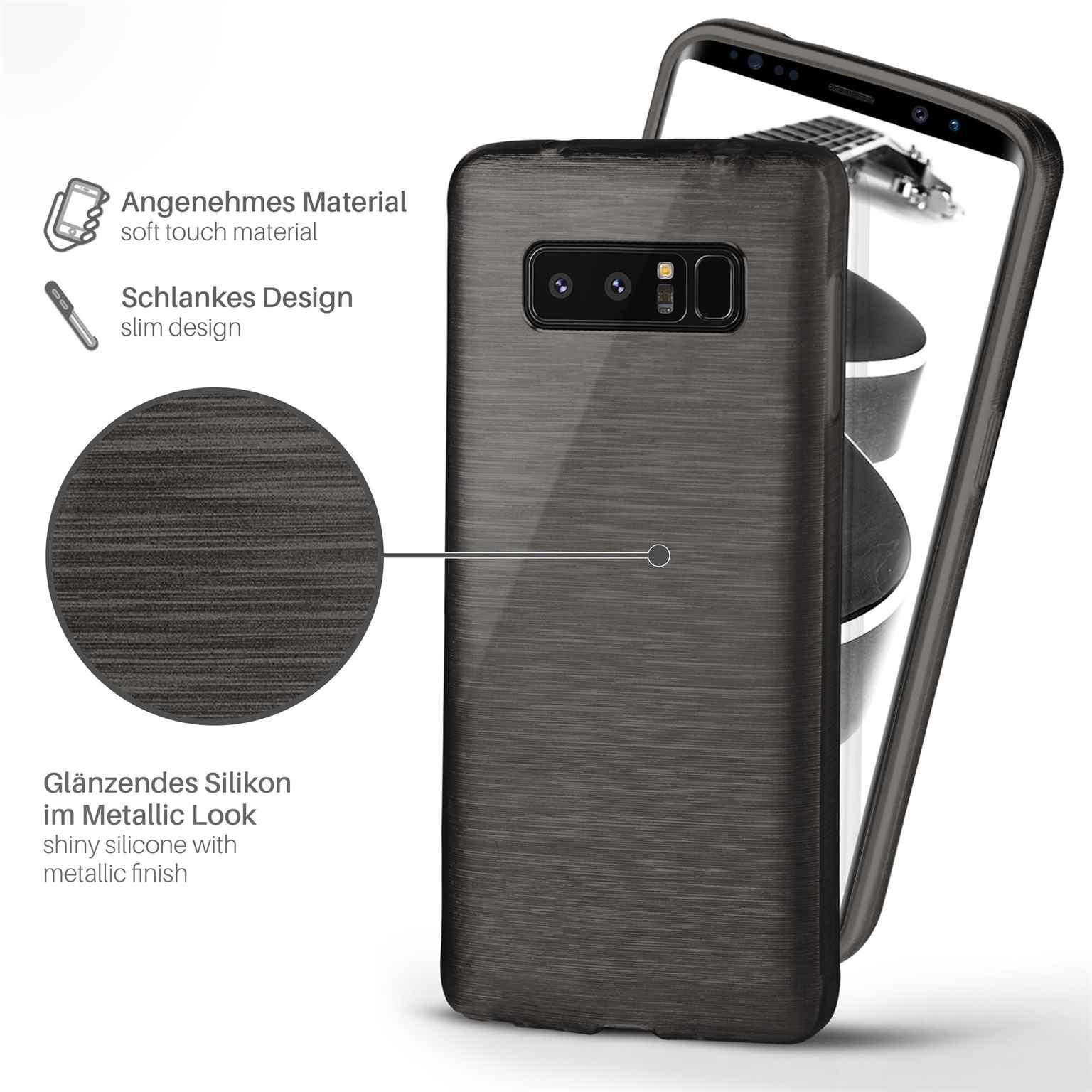 Handyhülle mit Metallic-Look. Telefon ist innen. Nahaufnahme zeigt die strukturierte Oberfläche.