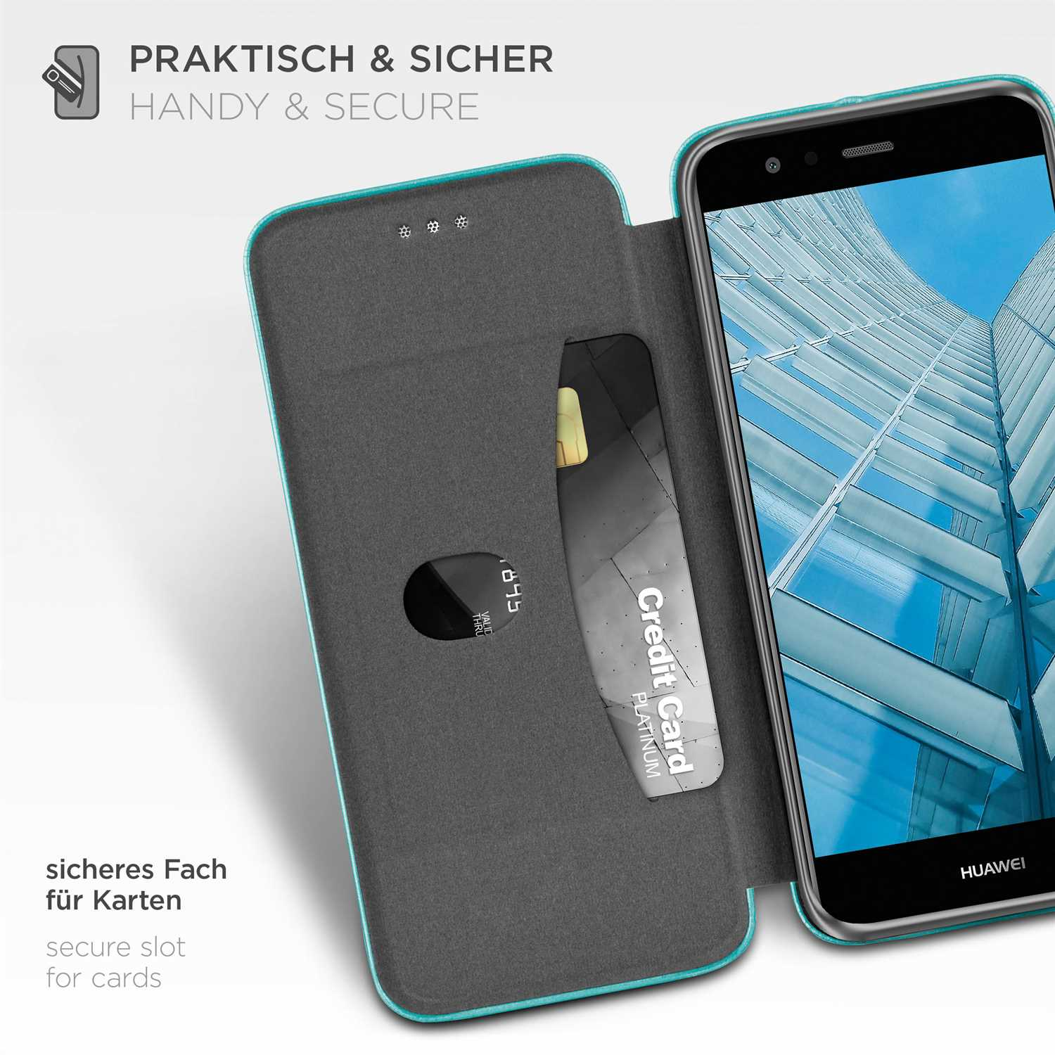 Telefon in türkisfarbener Hülle mit Kreditkarte im Fach. Sicher und handlich.