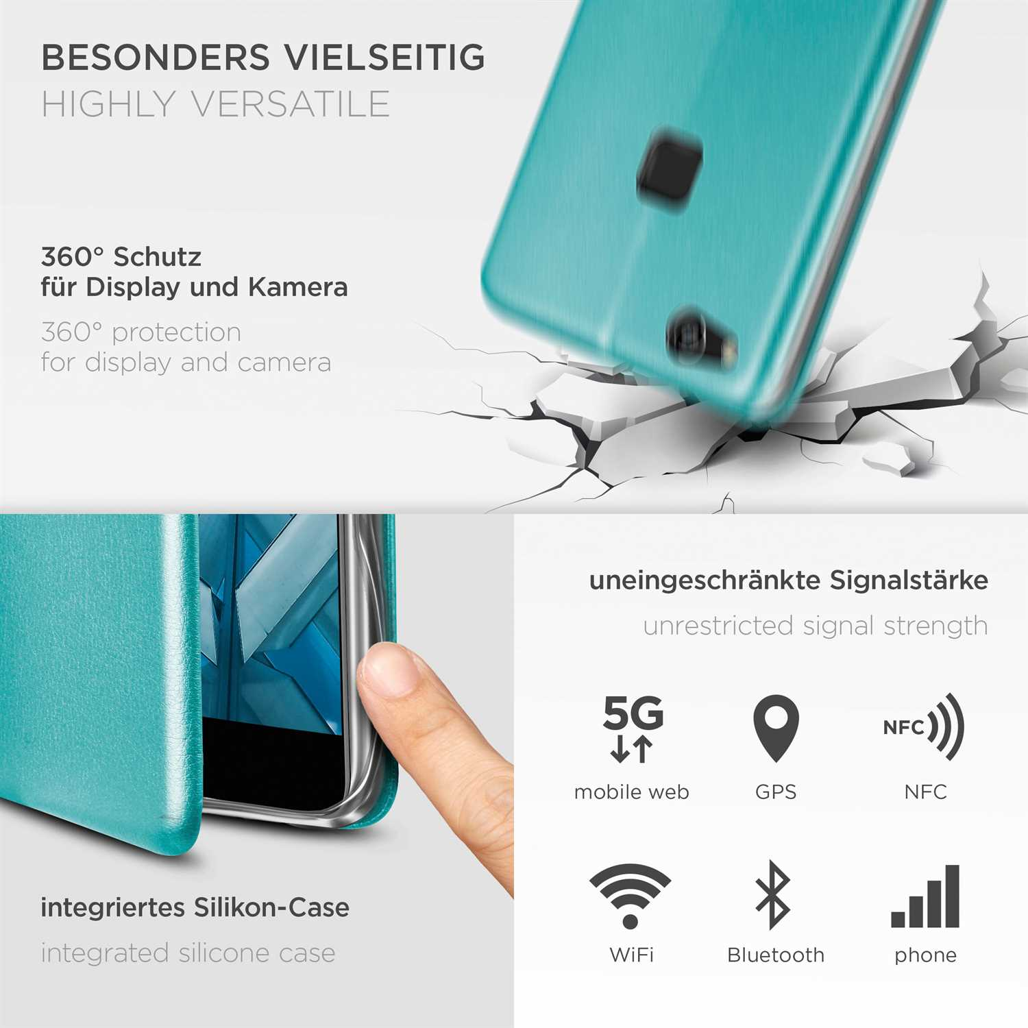 Eine Handyhülle mit türkisblauem Rücken, Risse, die aus einer Ecke kommen, und Symbole, die das mobile Web und andere Funktionen darstellen.