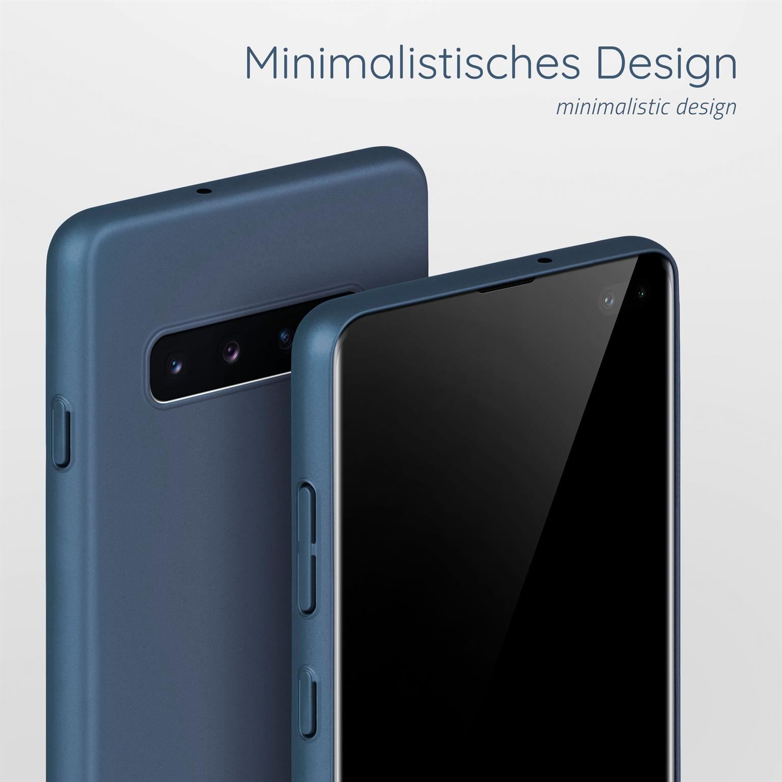 Zwei blaue Handyhüllen. Eine befindet sich hinter der anderen. Text: minimalistisches Design.