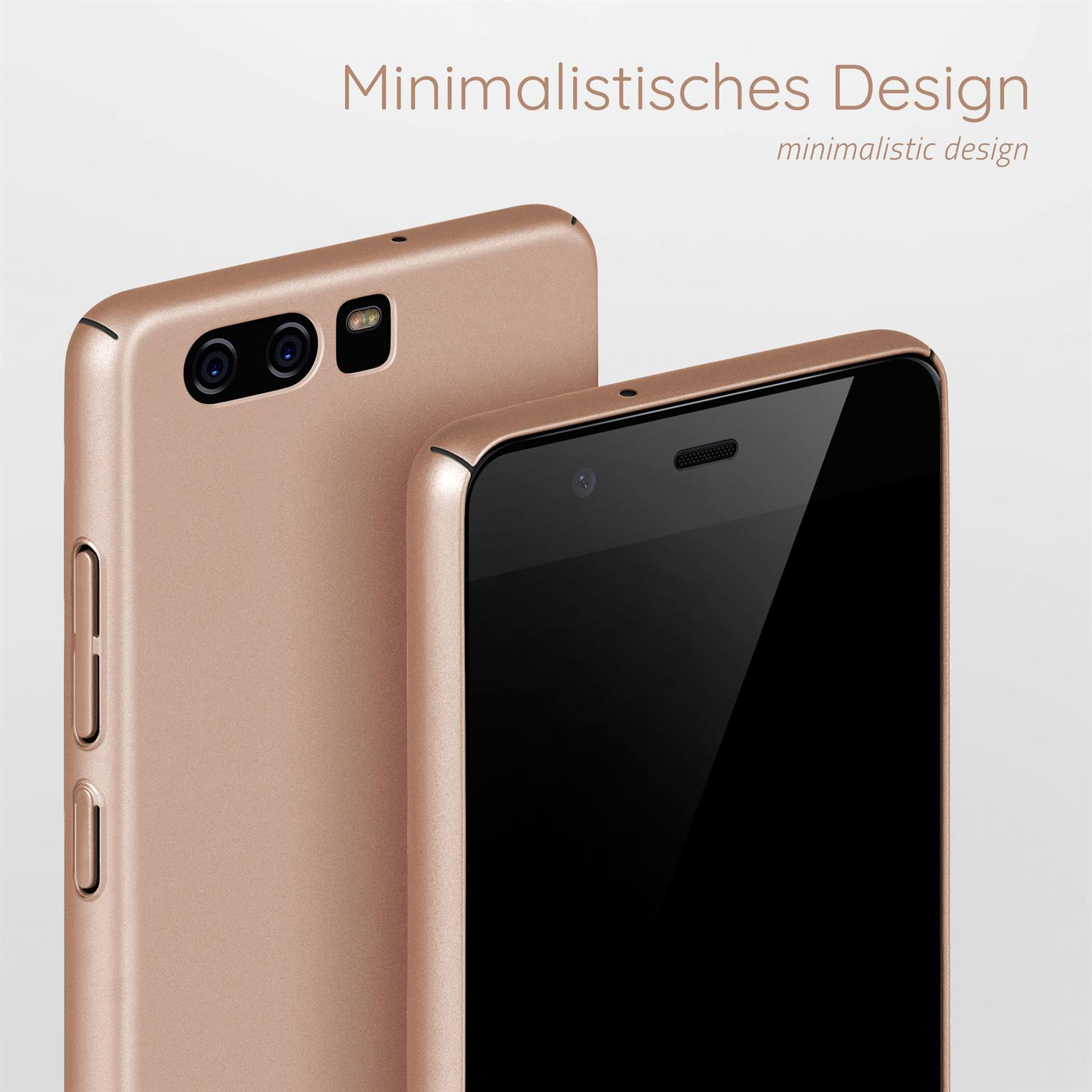 Zwei roségoldene Telefone auf Weiß. Eines ist fokussiert. Text: Minimalistisches Design.