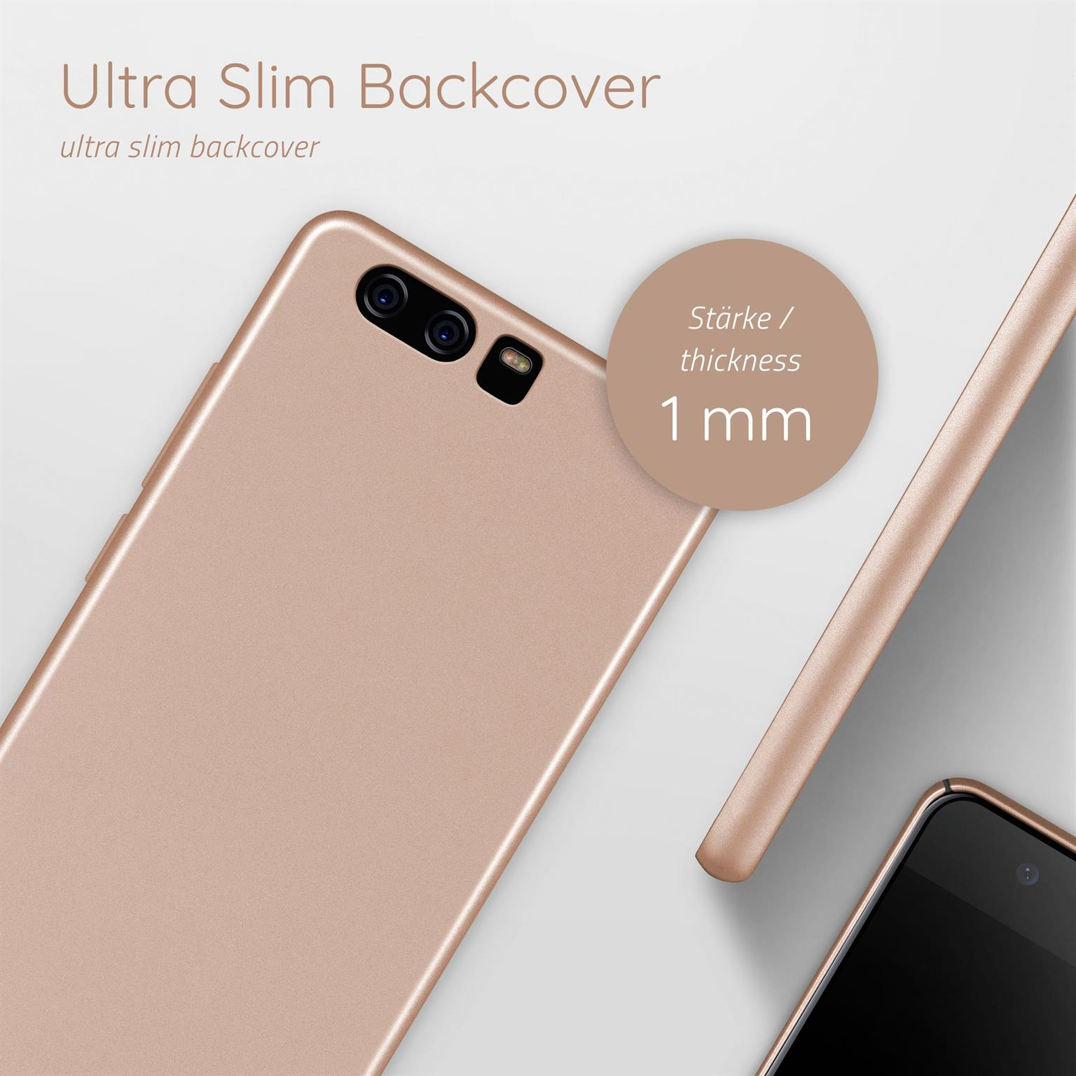 Roségoldfarbene Handyhülle, ultradünn, 1 mm dick. Nahaufnahme von Rückseite und Seite.