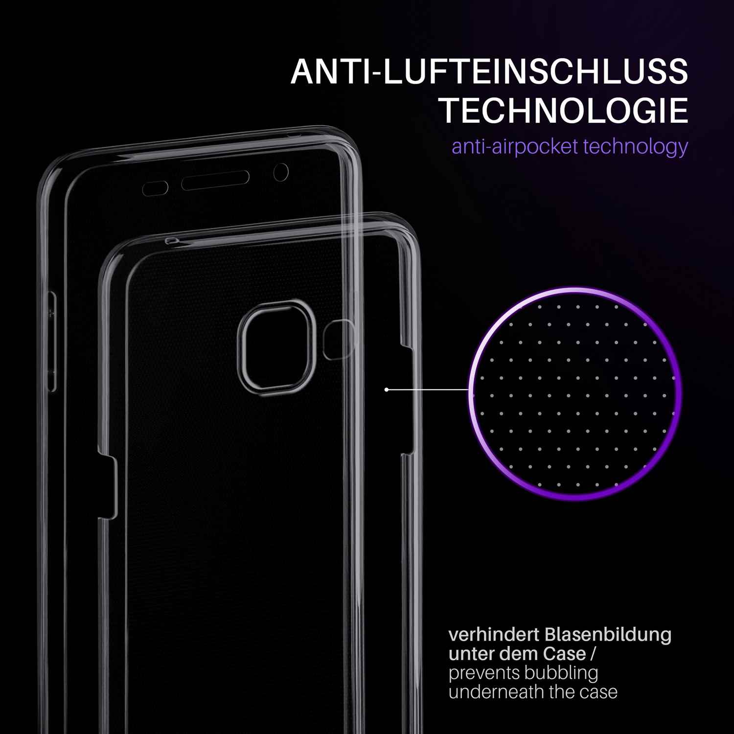 Zwei transparente Handyhüllen. Der Text oben und unten.