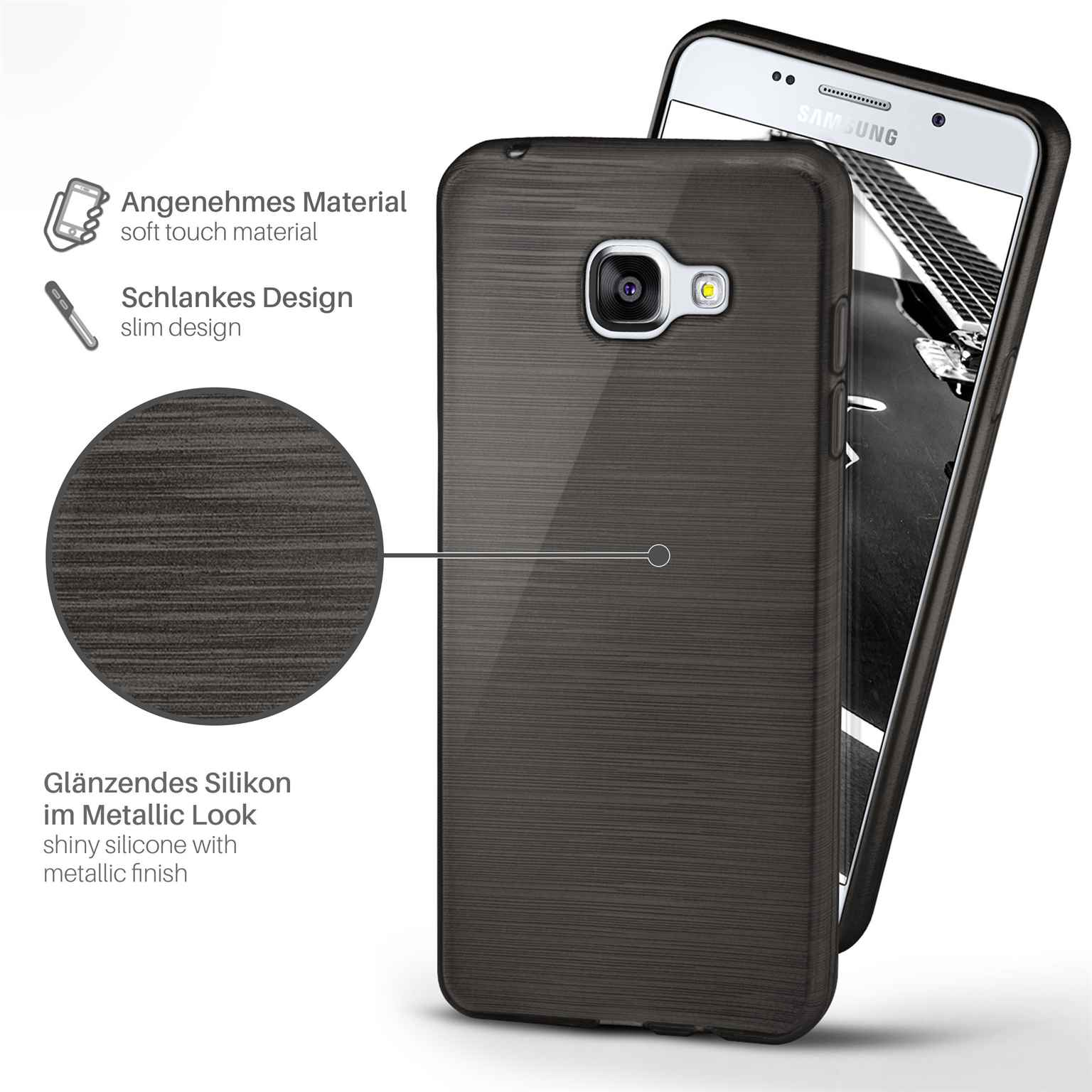 Schwarze Handyhülle und Telefon. Text über Material und Design. Metallischer Look.