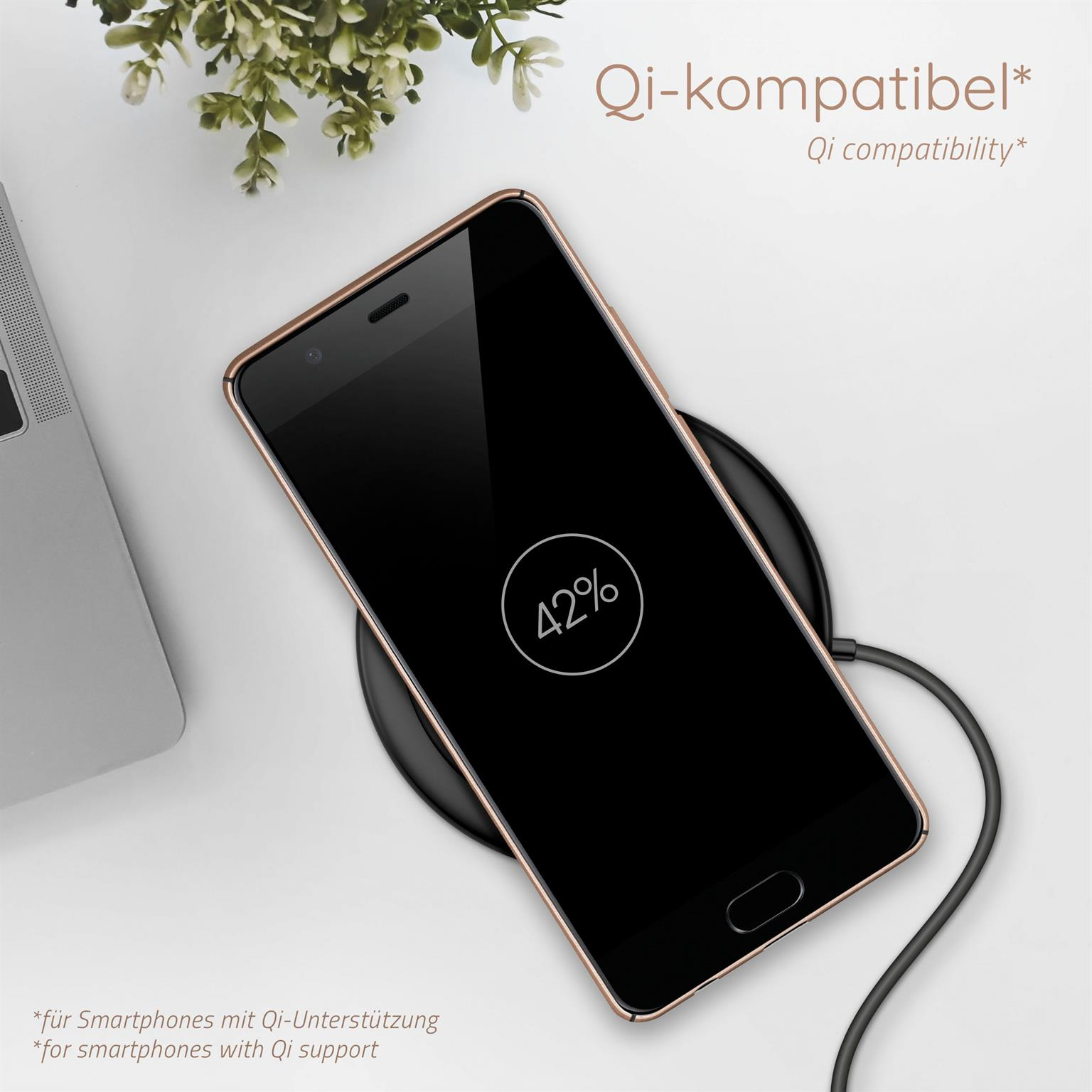 Telefon lädt auf einem kabellosen Ladegerät. Der Bildschirm zeigt 42%. Eine Pflanze ist im Hintergrund.