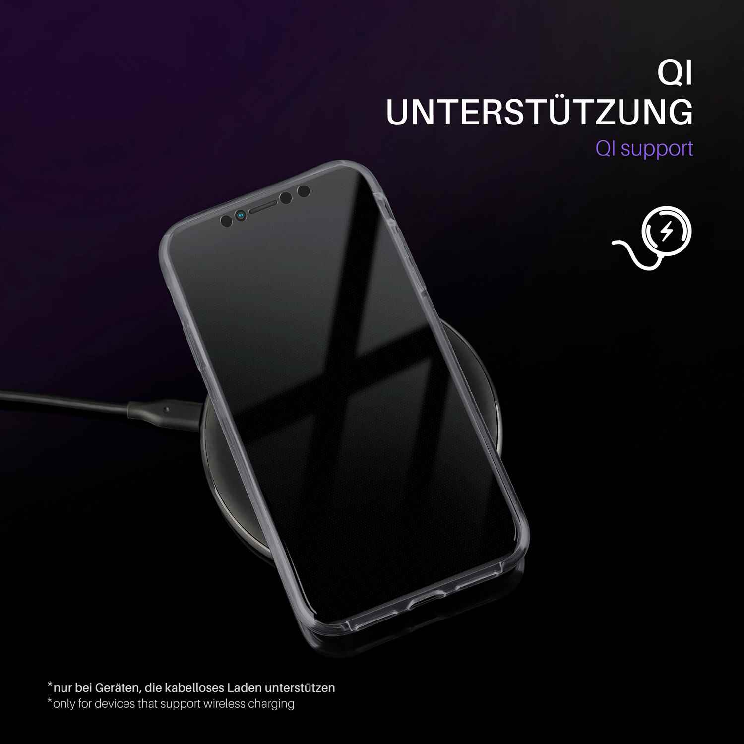 Telefon in einer transparenten Hülle auf einem kabellosen Ladegerät. Der Text lautet Qi-Unterstützung.