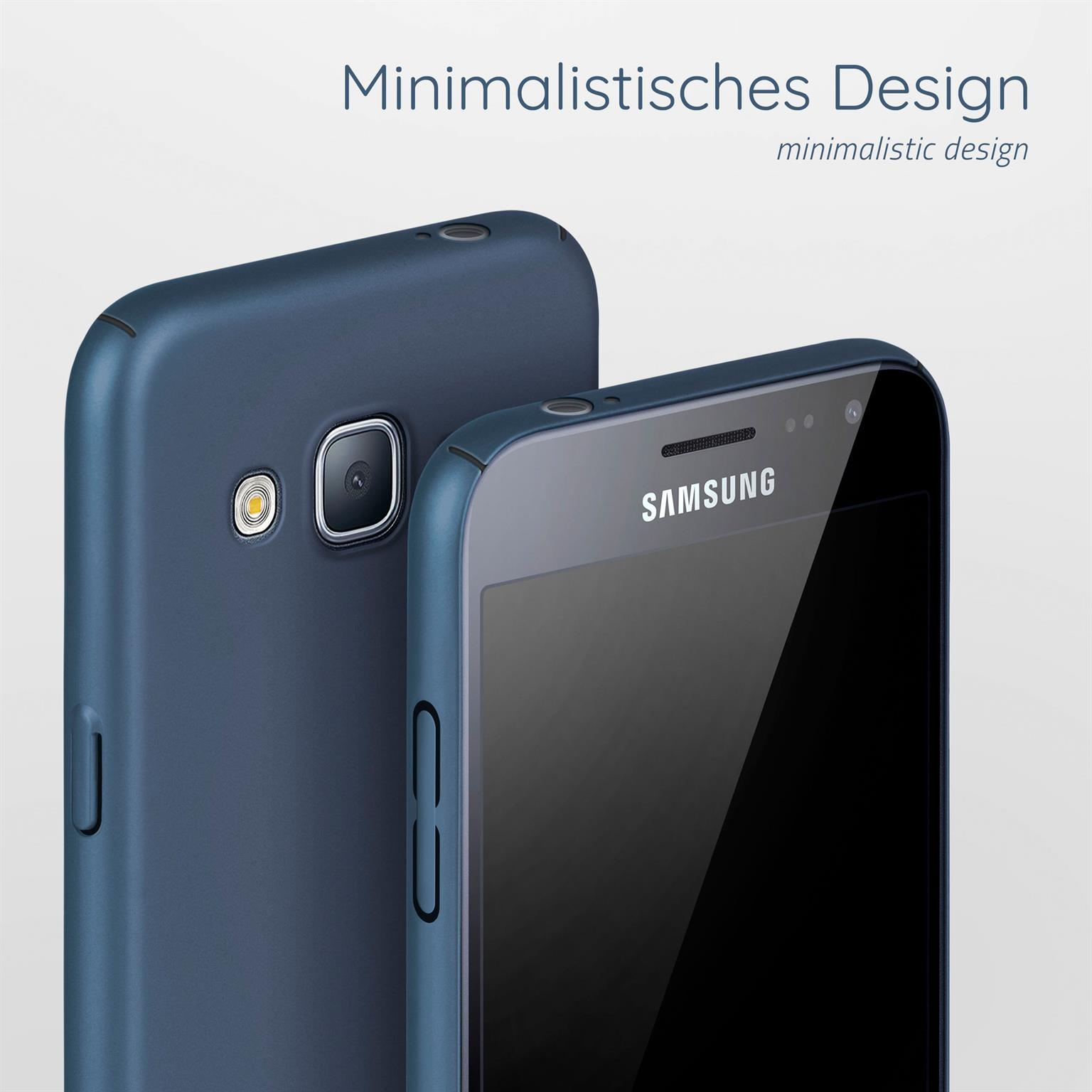 Zwei blaue Telefone. Text: Minimalistisches Design. Rückseite links, Vorderseite rechts.