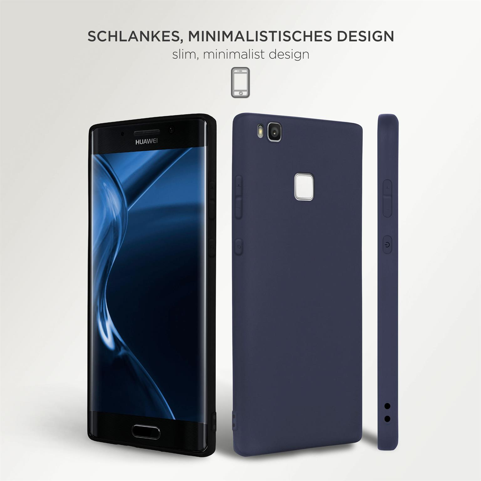 Marineblaue Handyhülle mit Telefon darin, mit zwei weiteren Ansichten der Hülle.