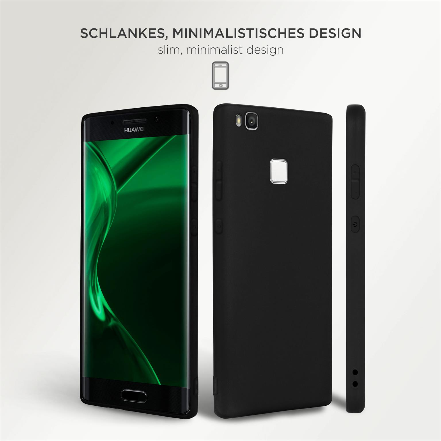 Schwarzes Telefon und Hülle. Schlankes Design. Minimalistischer Stil. Weißer Hintergrund.