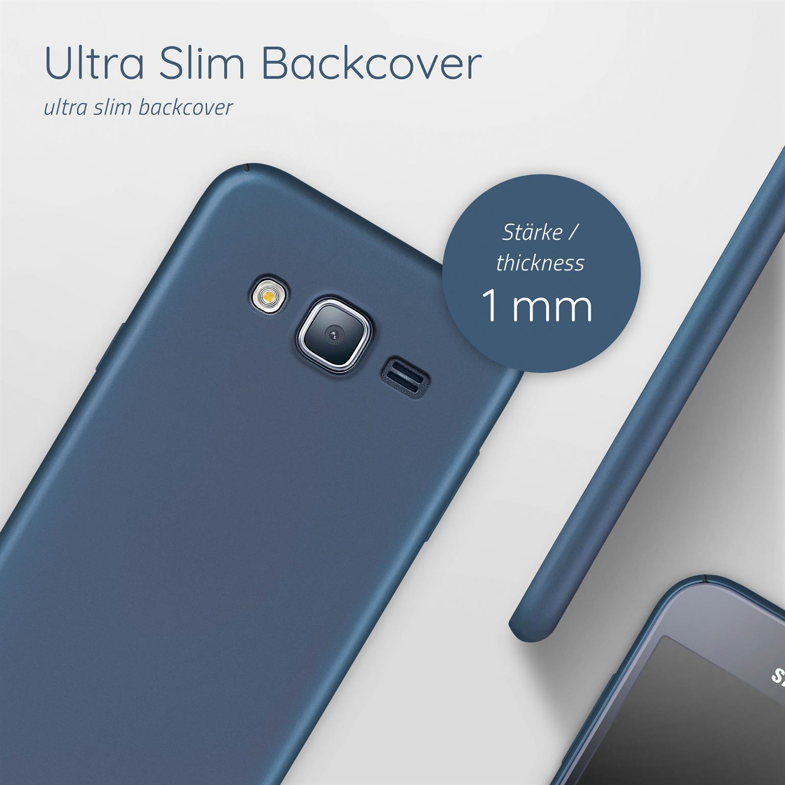 Dunkelblaue Handyhülle und Telefondetails. Text: Ultra Slim Backcover, 1 mm Dicke.