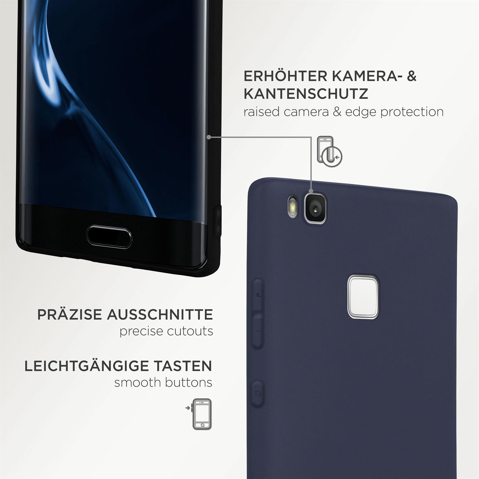 Ein schwarzes Telefon mit blauer Hülle. Text sagt 'präzise Ausschnitte' und 'leichtgängige Tasten'. Erhöhter Kameraschutz ist gezeigt.