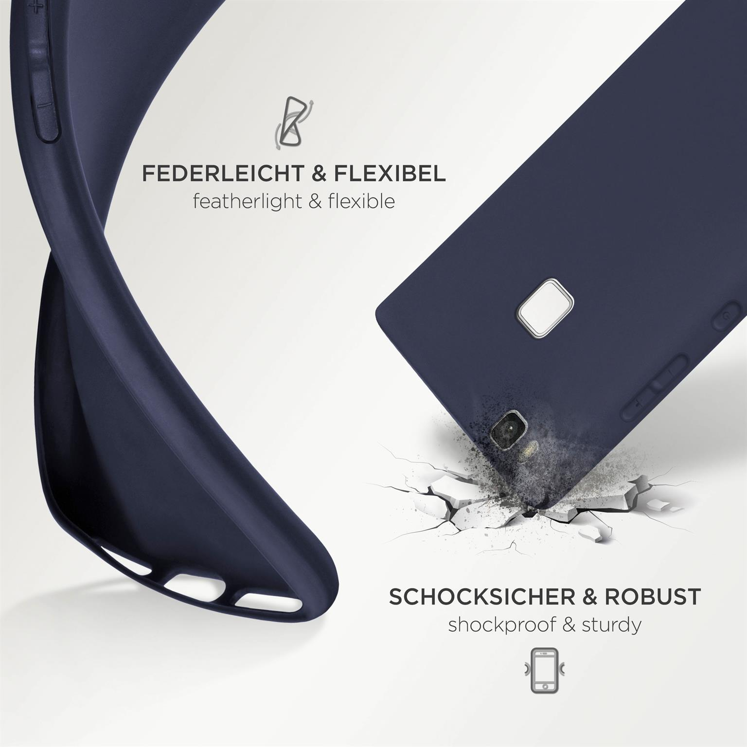 Eine gebogene marineblaue Handyhülle mit Text auf weißem Hintergrund, die Flexibilität und Stoßfestigkeit zeigt.