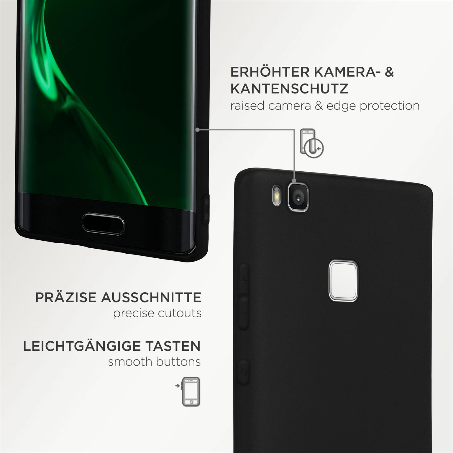 Schwarzes Telefon, mit erhöhtem Kamera- und Kantenschutz, präzise Ausschnitte.