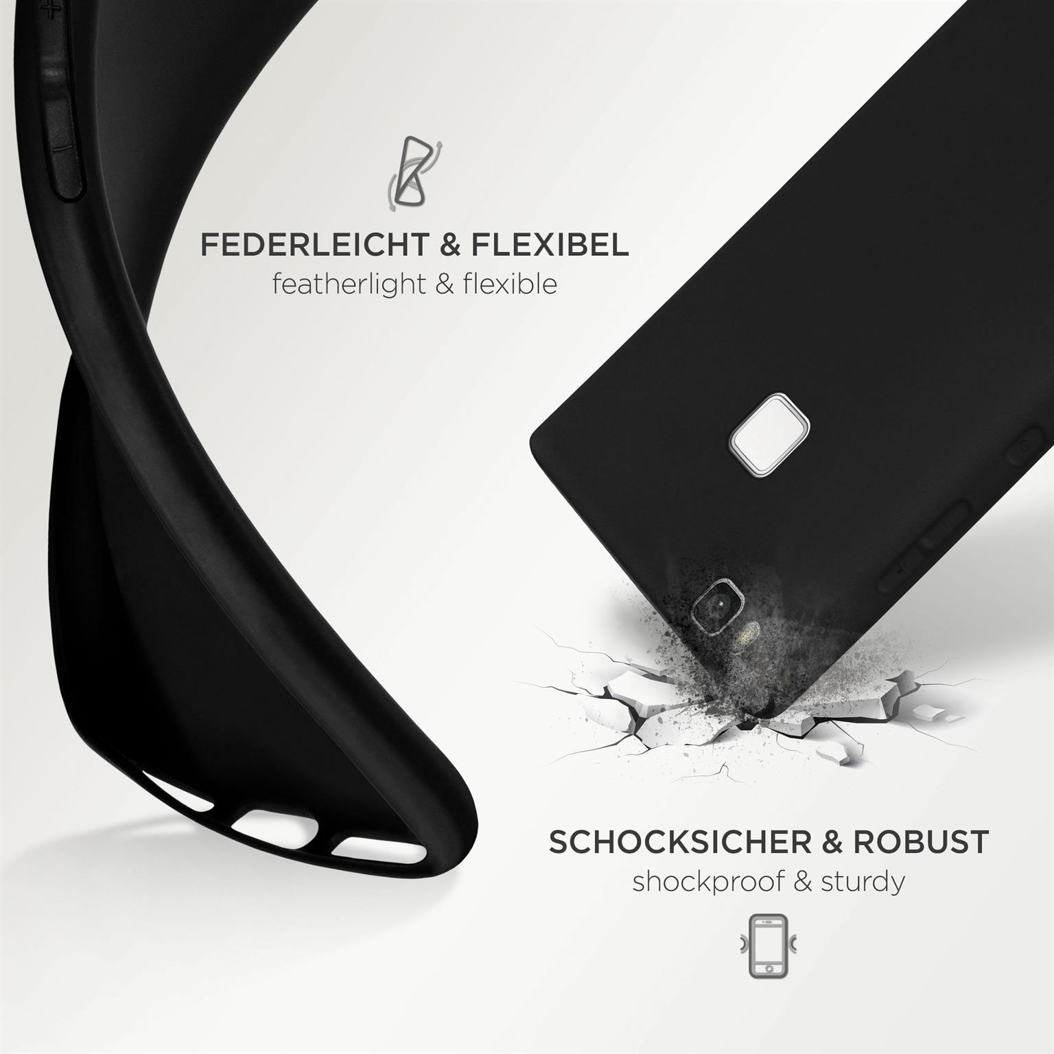 Schwarze Handyhülle biegt sich. Stoßfest und robust. Weiße Oberfläche mit Rissen.