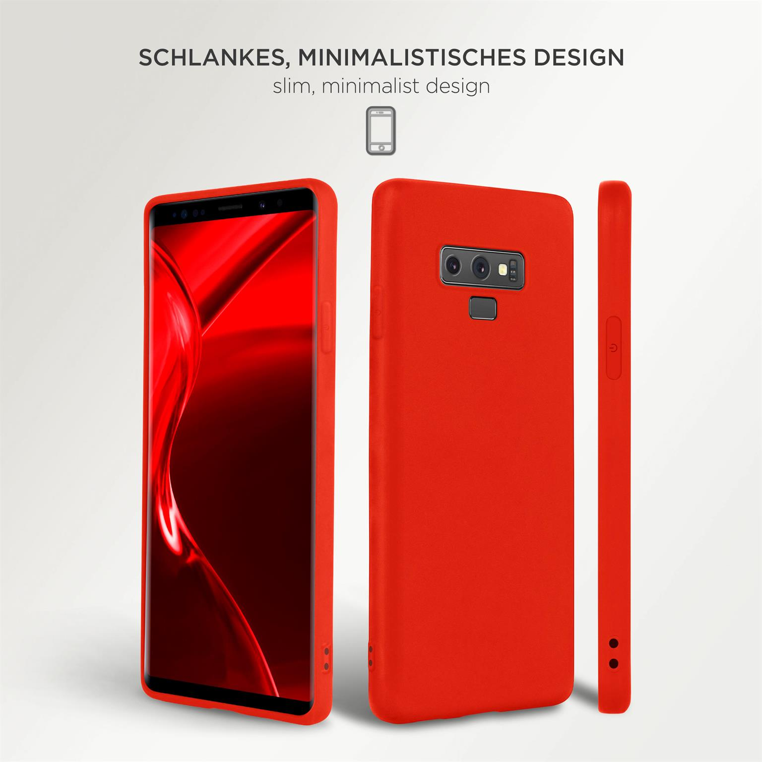 Drei rote Handyhüllen werden angezeigt und zeigen die Vorder-, Rück- und Seitenansicht einer Hülle.