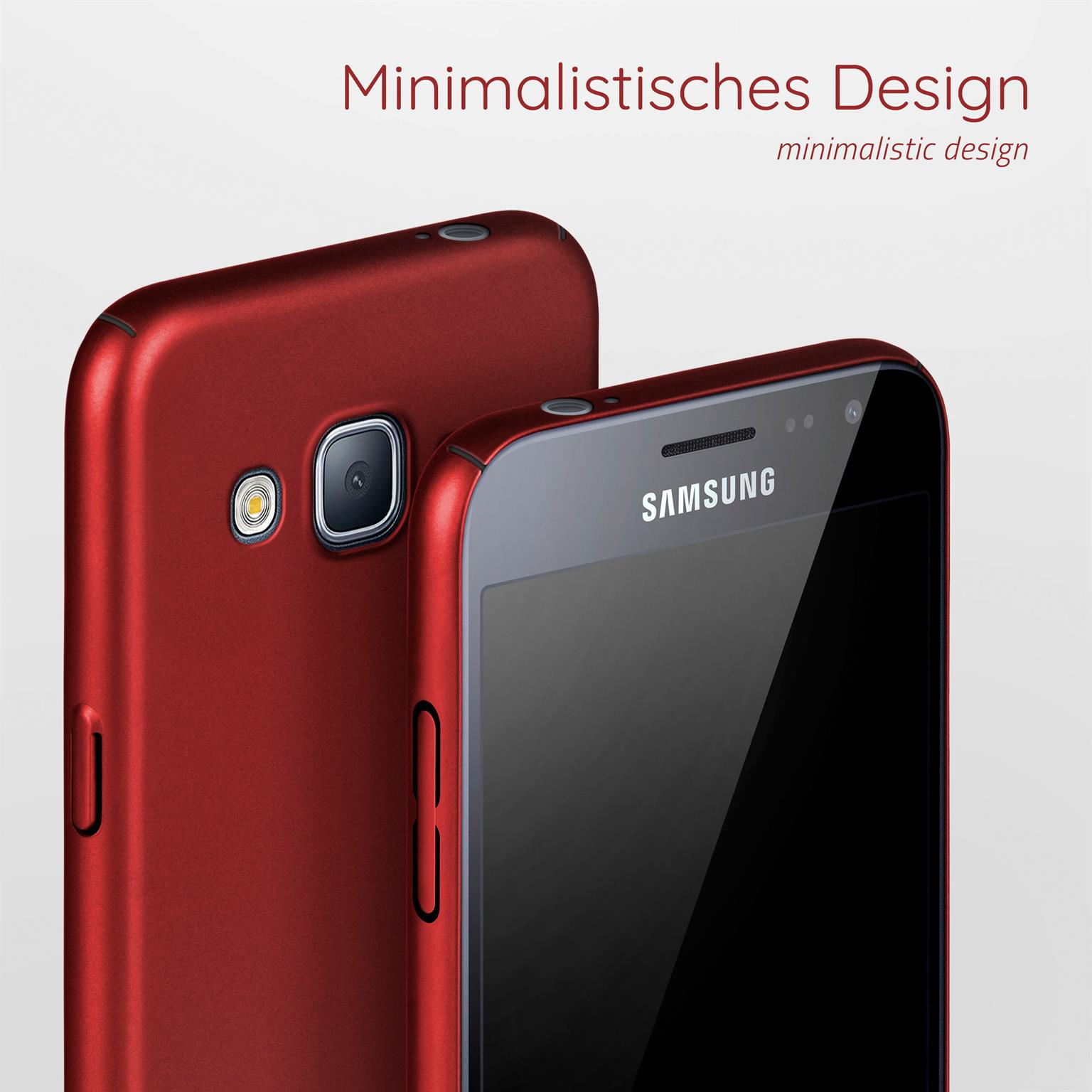 Zwei rote Telefone mit minimalistischem Design. Eines ist vorne, ein anderes dahinter.