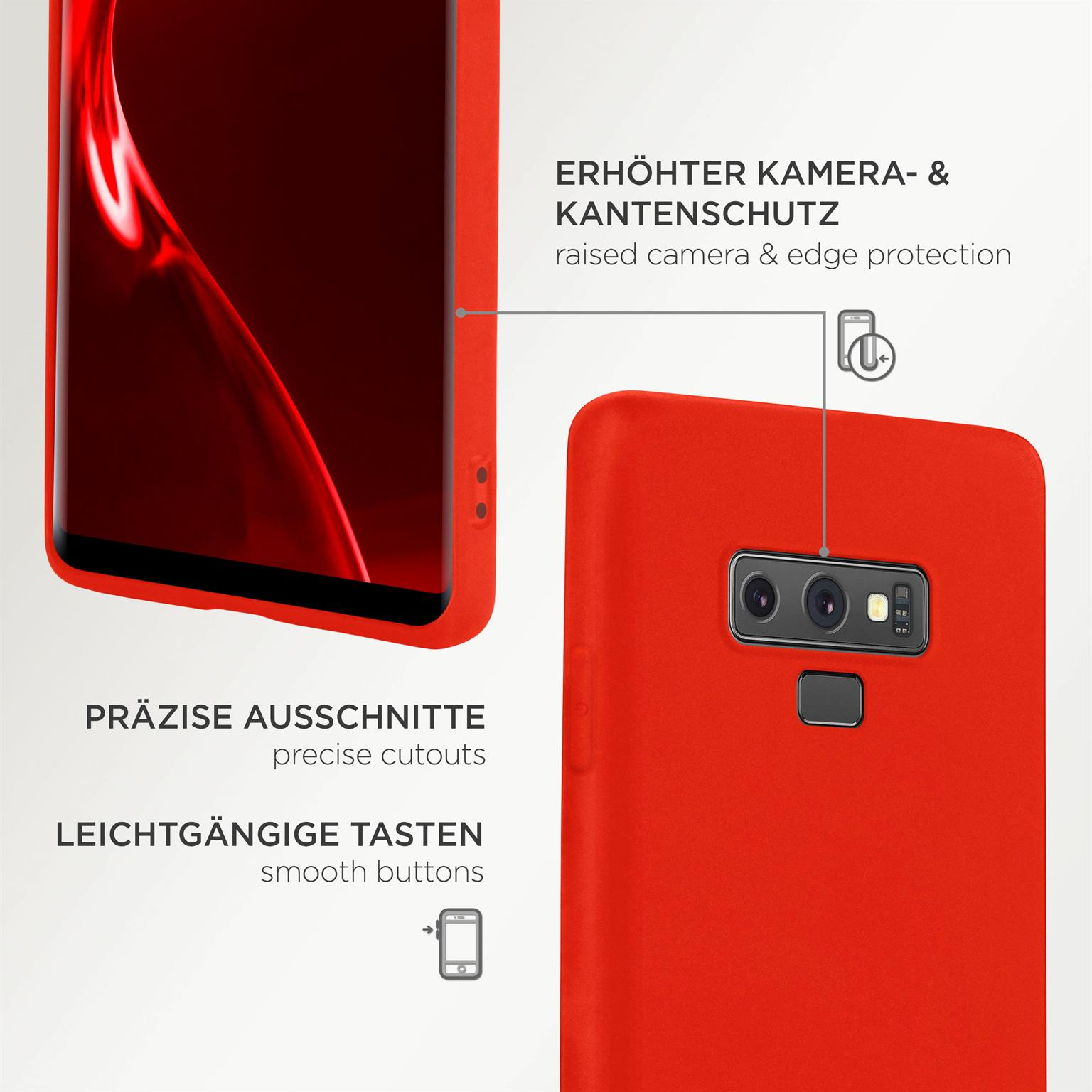 Nahaufnahme einer roten Handyhülle, Details zu präzisen Aussparungen und glatten Tasten.