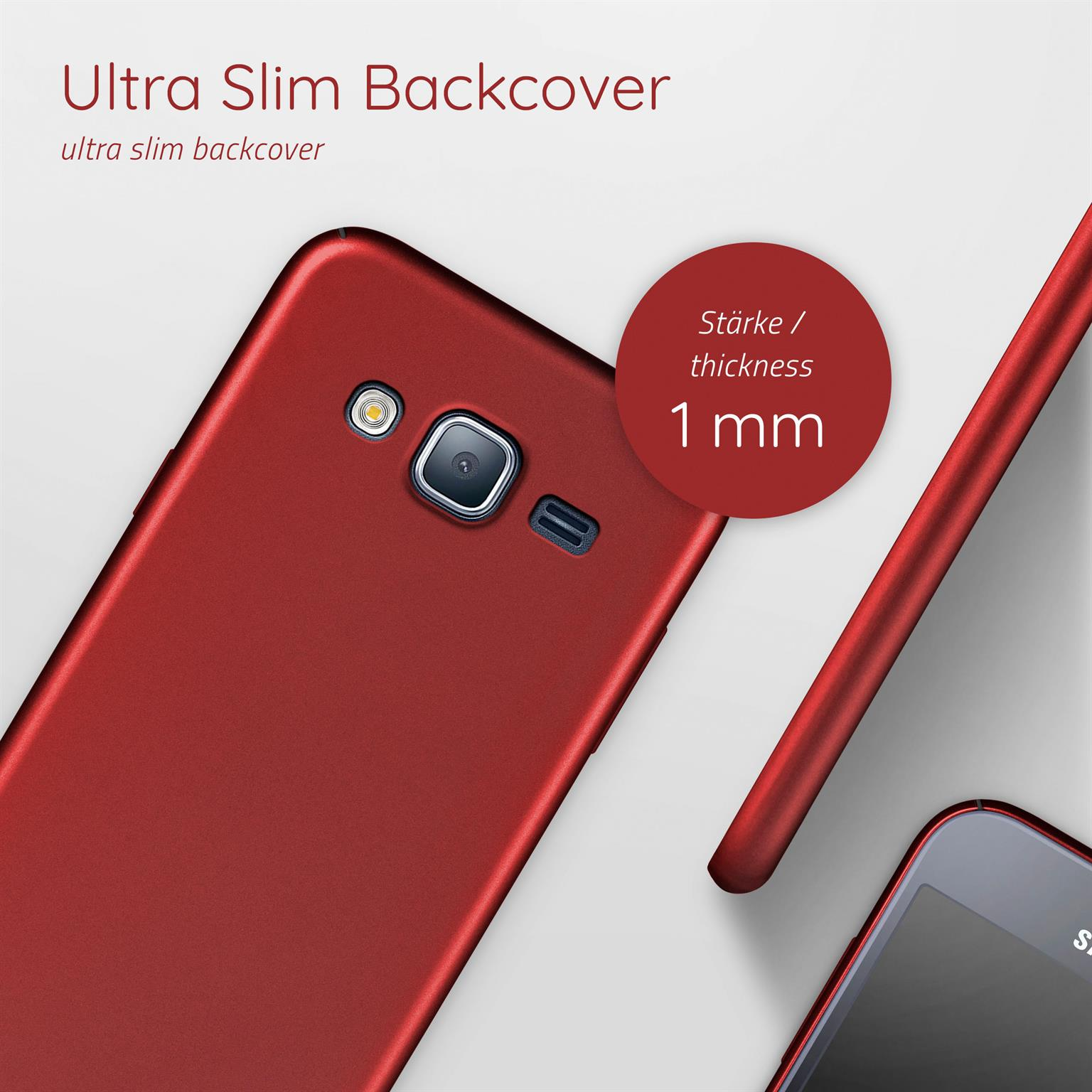 Eine rote Handyhülle, die eine Dicke von 1 mm zeigt. Ein teilweise sichtbares Telefon. Eine Nahaufnahme der Kamera.