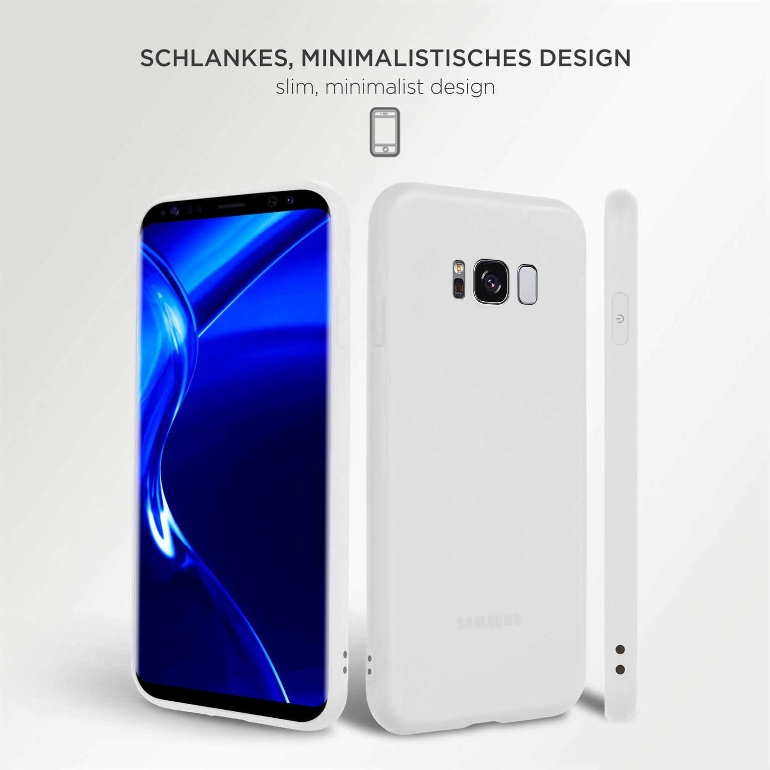 Weiße Handyhüllen auf weißem Hintergrund. Das Telefon zeigt ein minimalistisches Design. Das Design ist schlank.