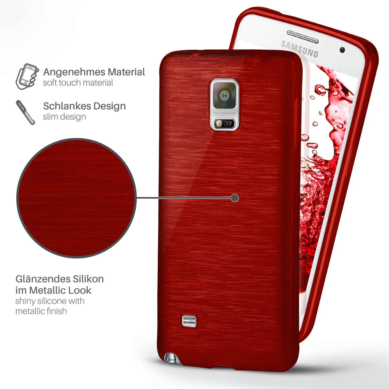 Eine rote Handyhülle auf einem Samsung-Telefon. Die Hülle hat ein metallisches Finish. Text beschreibt die Eigenschaften.