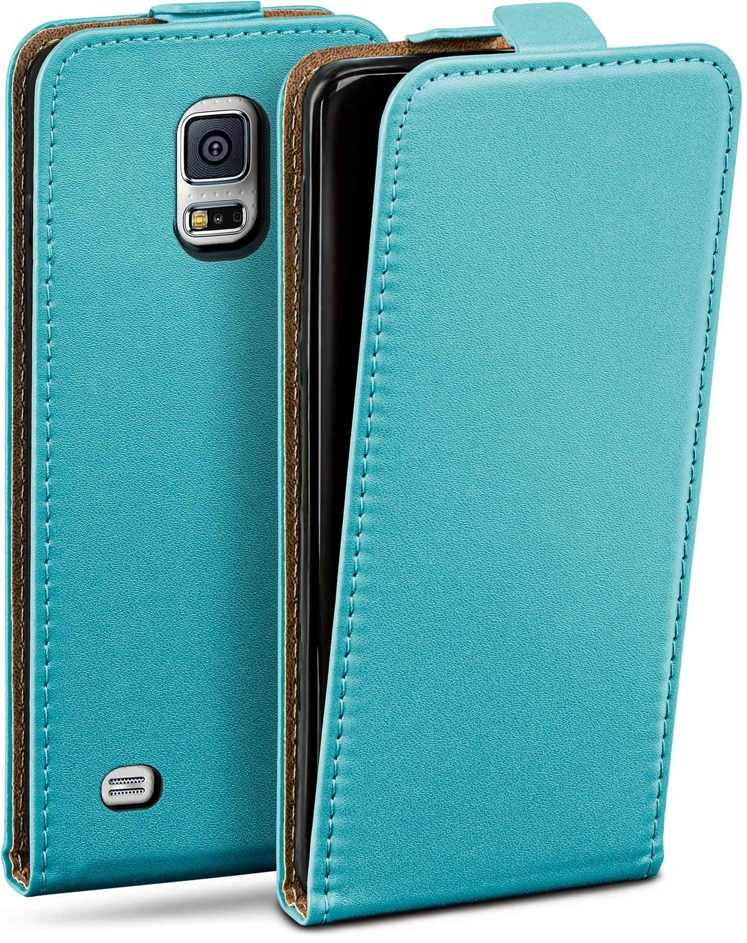 Türkisfarbene Leder-Handyhülle. Telefon innen. Rückkamera sichtbar.